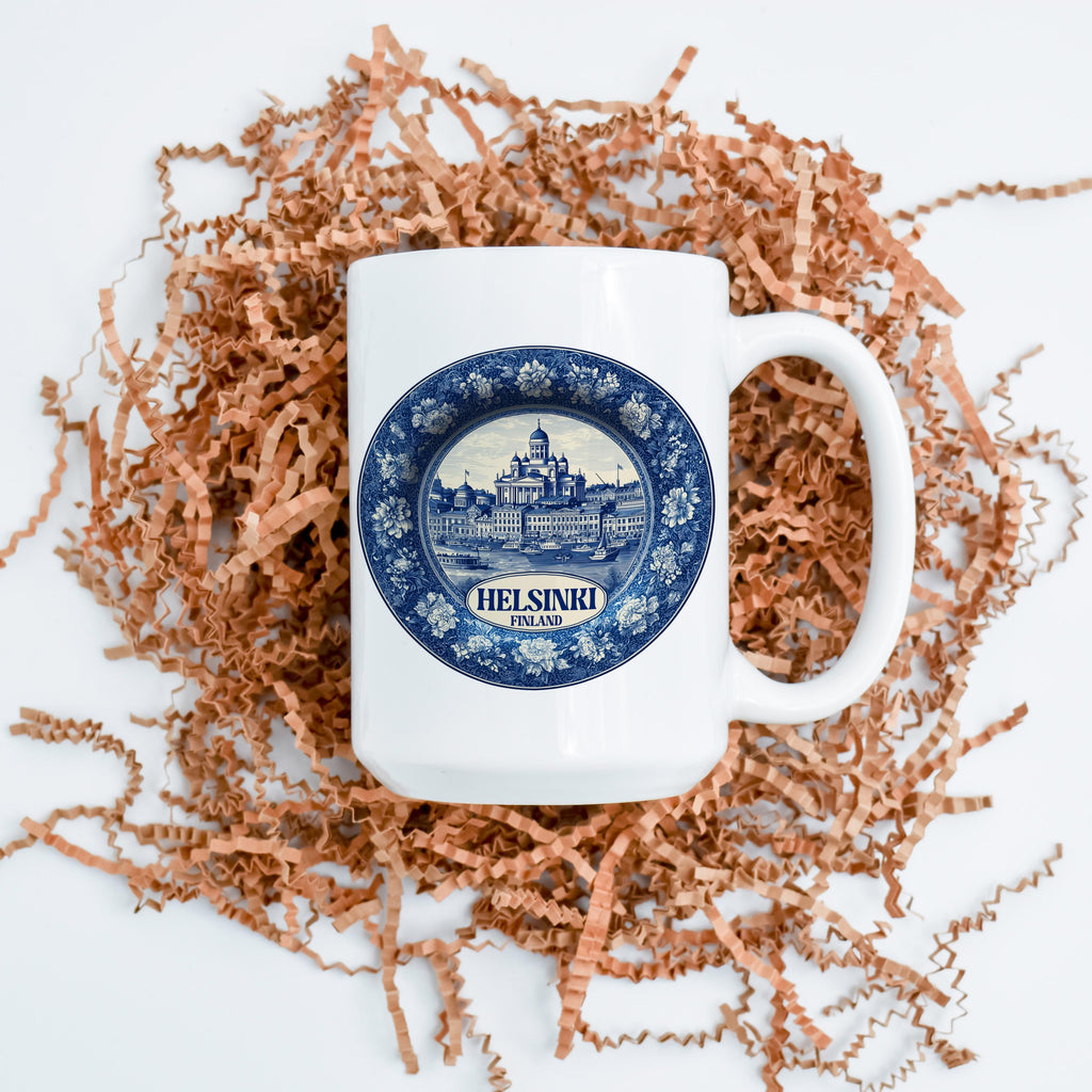 Helsinki Finland Mug, Custom Delft Style cup, Personalized Vintage Travel City Gift