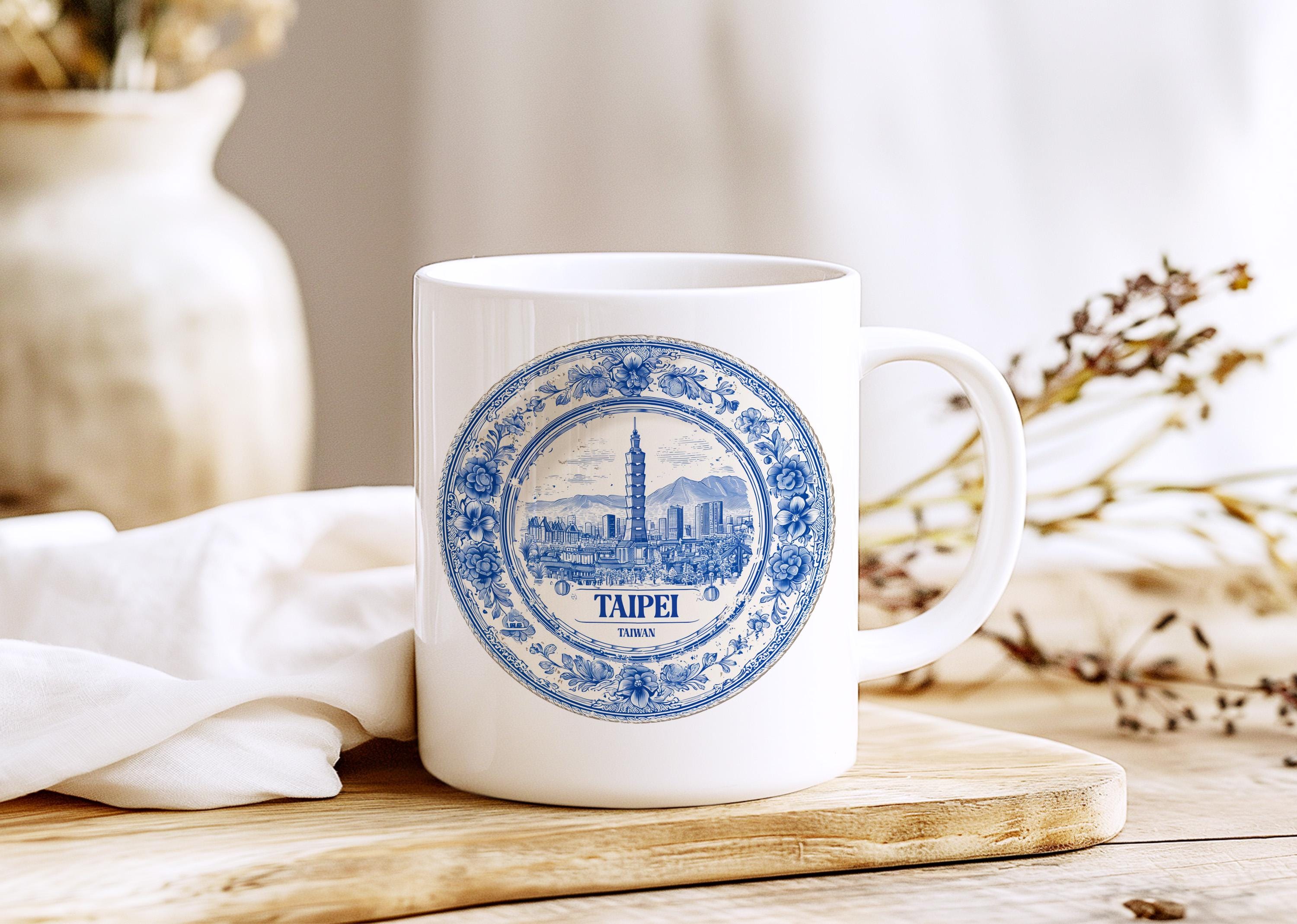 Taipei Taiwan Mug, Custom Delft Style cup, Personalized Vintage Travel City Gift