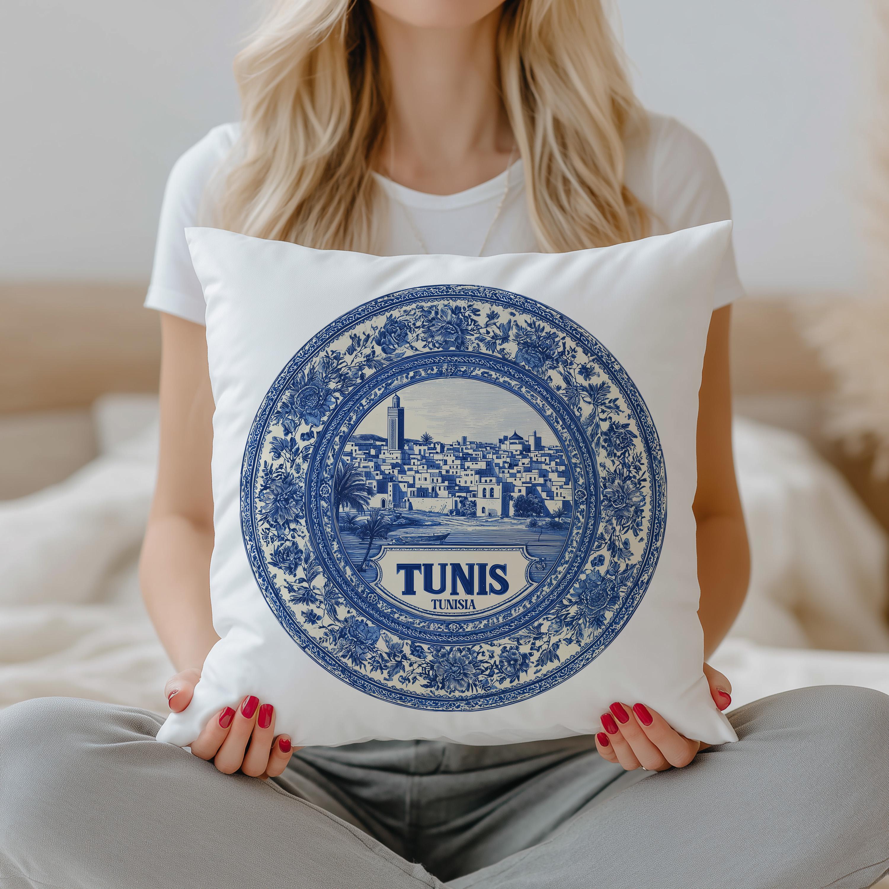 Tunis Tunisia Pillowcase, Delft Style Decorative Throw Pillow, Vintage Cityscape Retro Home Decor