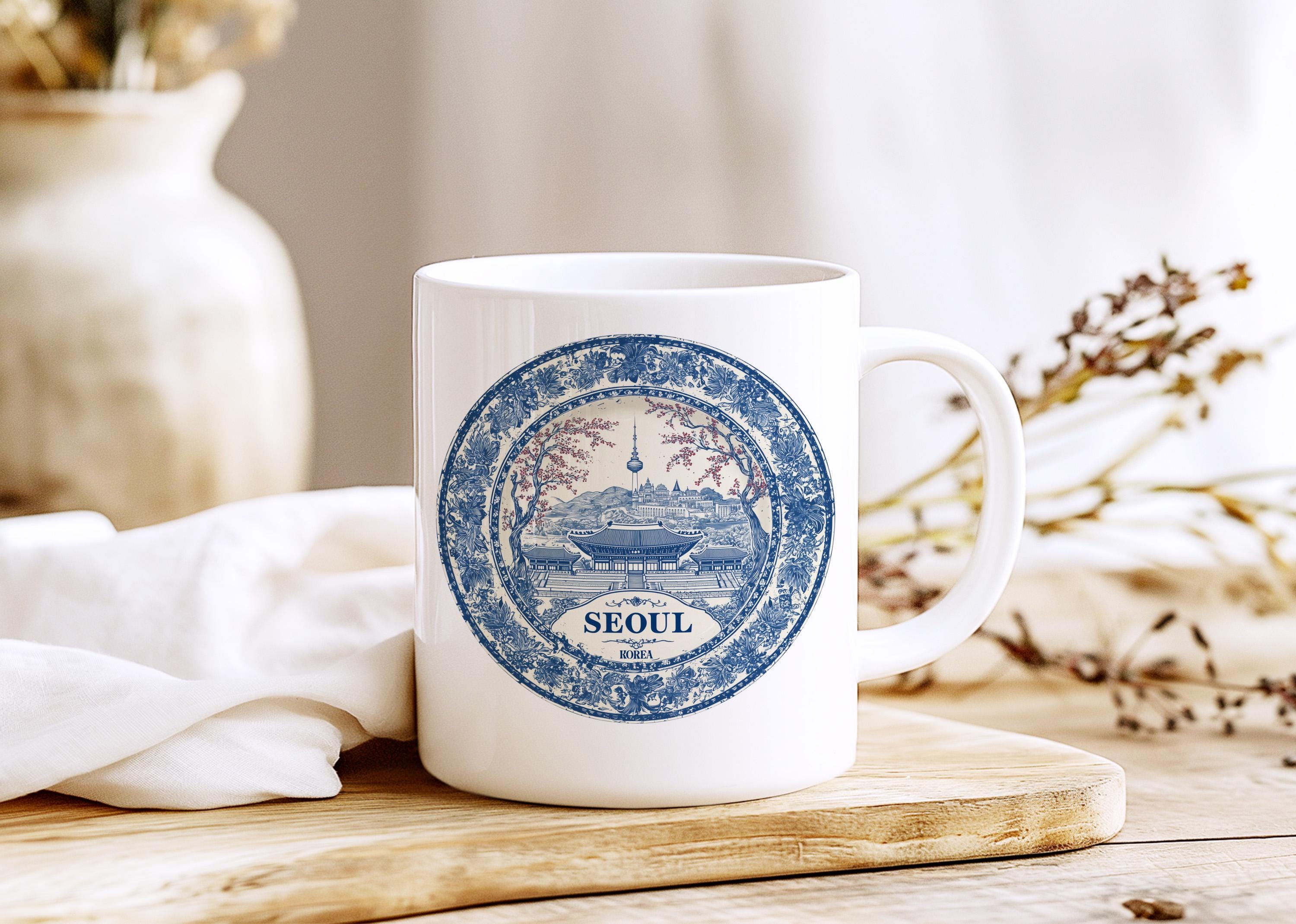 Seoul South Korea Mug, Custom Delft Style cup, Personalized Vintage Travel City Gift