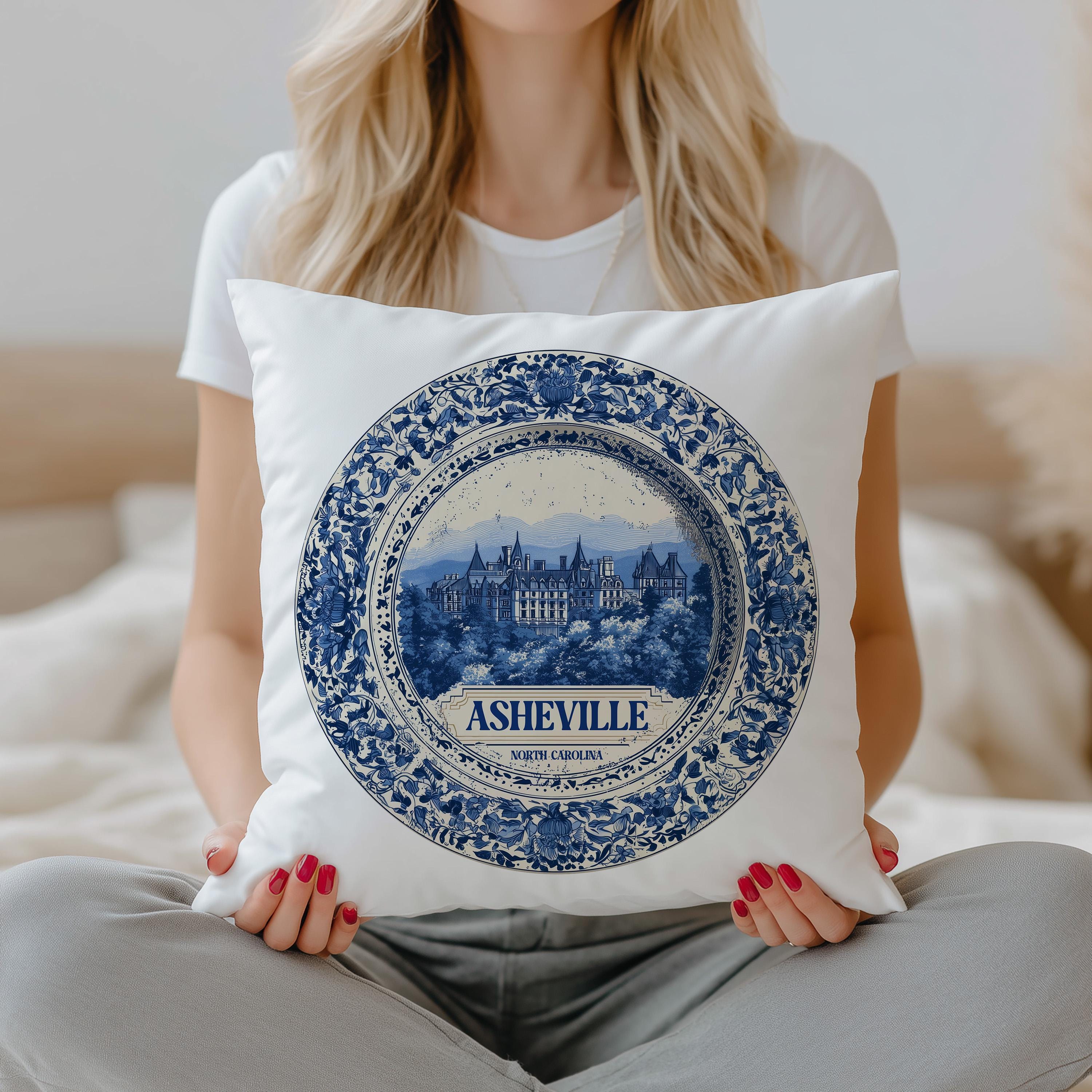 Asheville North Carolina Pillowcase, Delft Style Decorative Throw Pillow, Vintage Cityscape Retro Home Decor