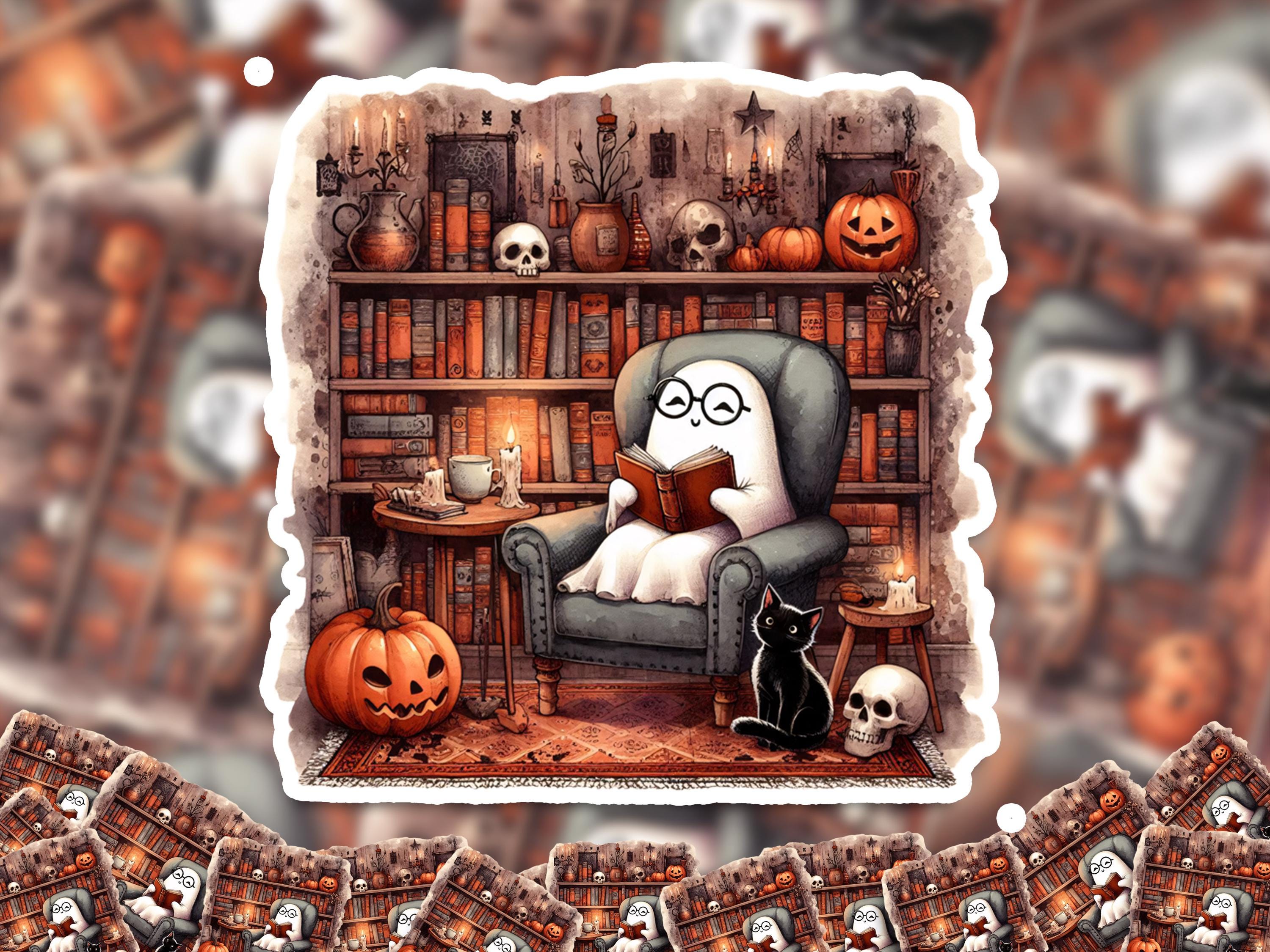 Ghost Library Book Reader Sticker, Book lover Cute Halloween Spooky Vinyl Decal