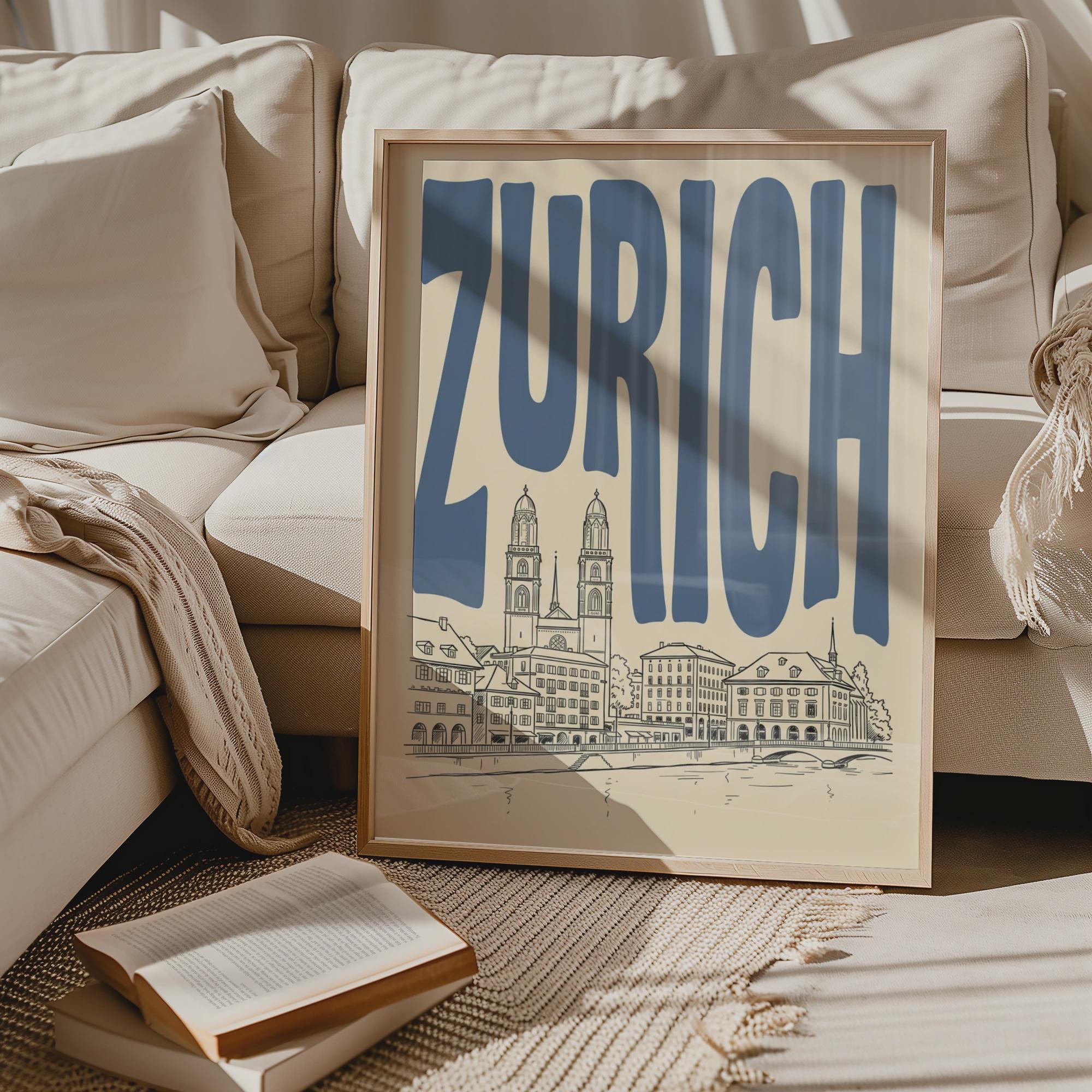 Zurich Skyline Wall Art, Framed Canvas Print, Switzerland Travel Poster