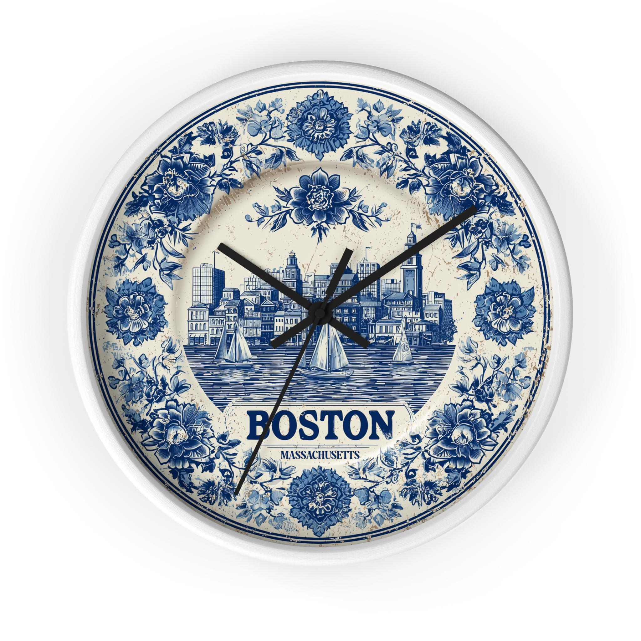 Boston Massachusetts Wall Clock, Delf style Home Decor, Vintage City Travel Keepsake Art