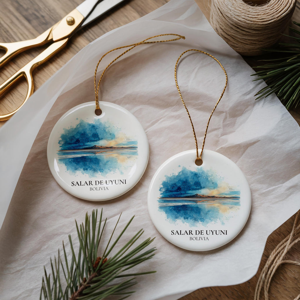 Salar de Uyuni Bolivia Personalized Watercolor Ornament, Custom Ceramic Christmas gift, Travel Keepsake