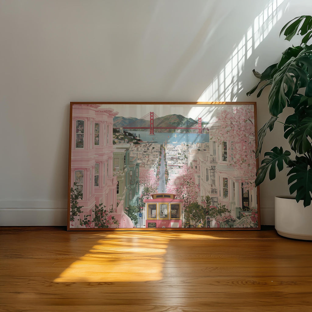 San Francisco Spring Wall Art, Cherry Blossom Floral Travel Gift Decor Large Print Painting
