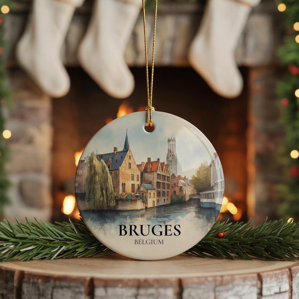 Bruges Belgium Personalized Watercolor Ornament, Custom Ceramic Christmas gift, Travel Keepsake