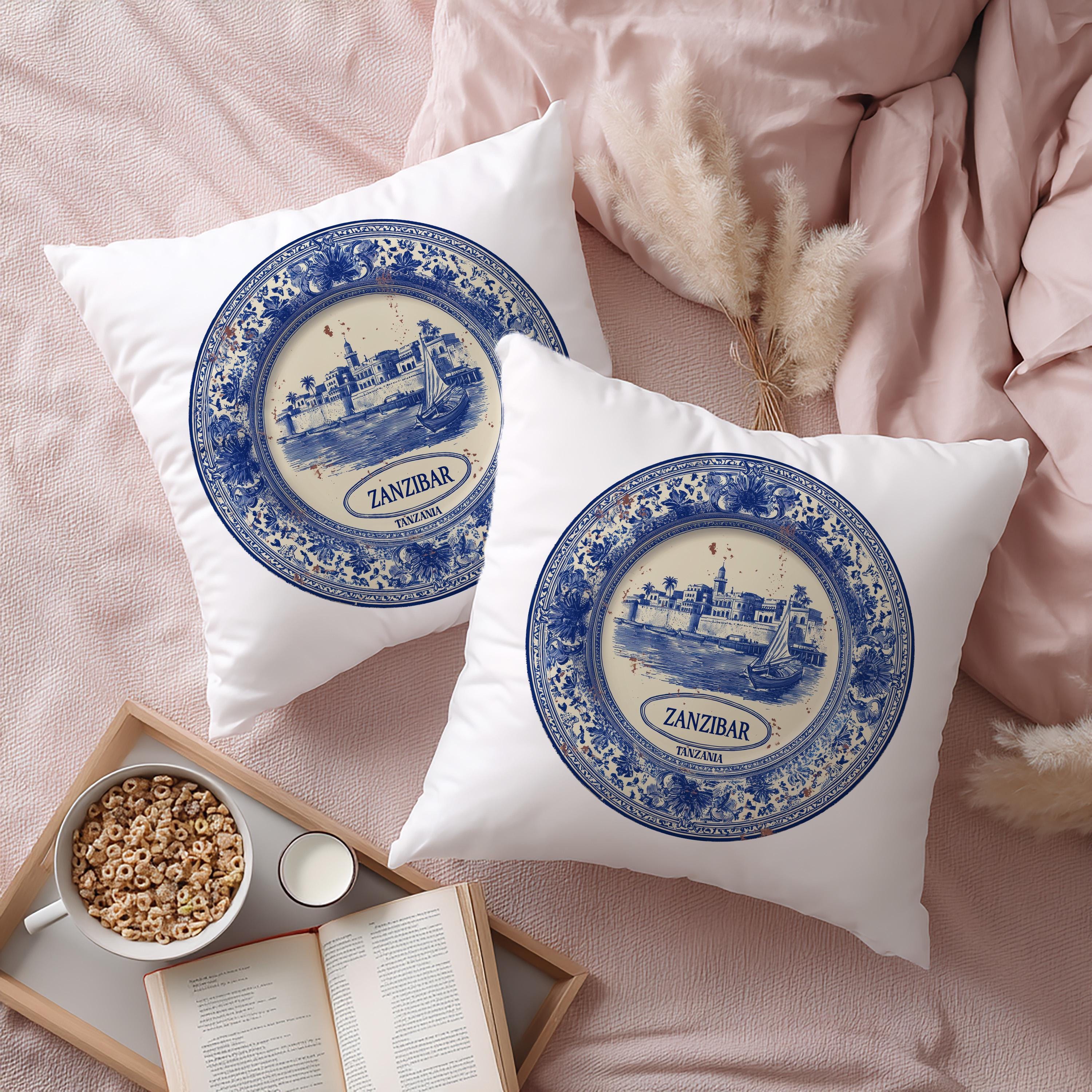 Zanzibar Tanzania Pillowcase, Delft Style Decorative Throw Pillow, Vintage Cityscape Retro Home Decor