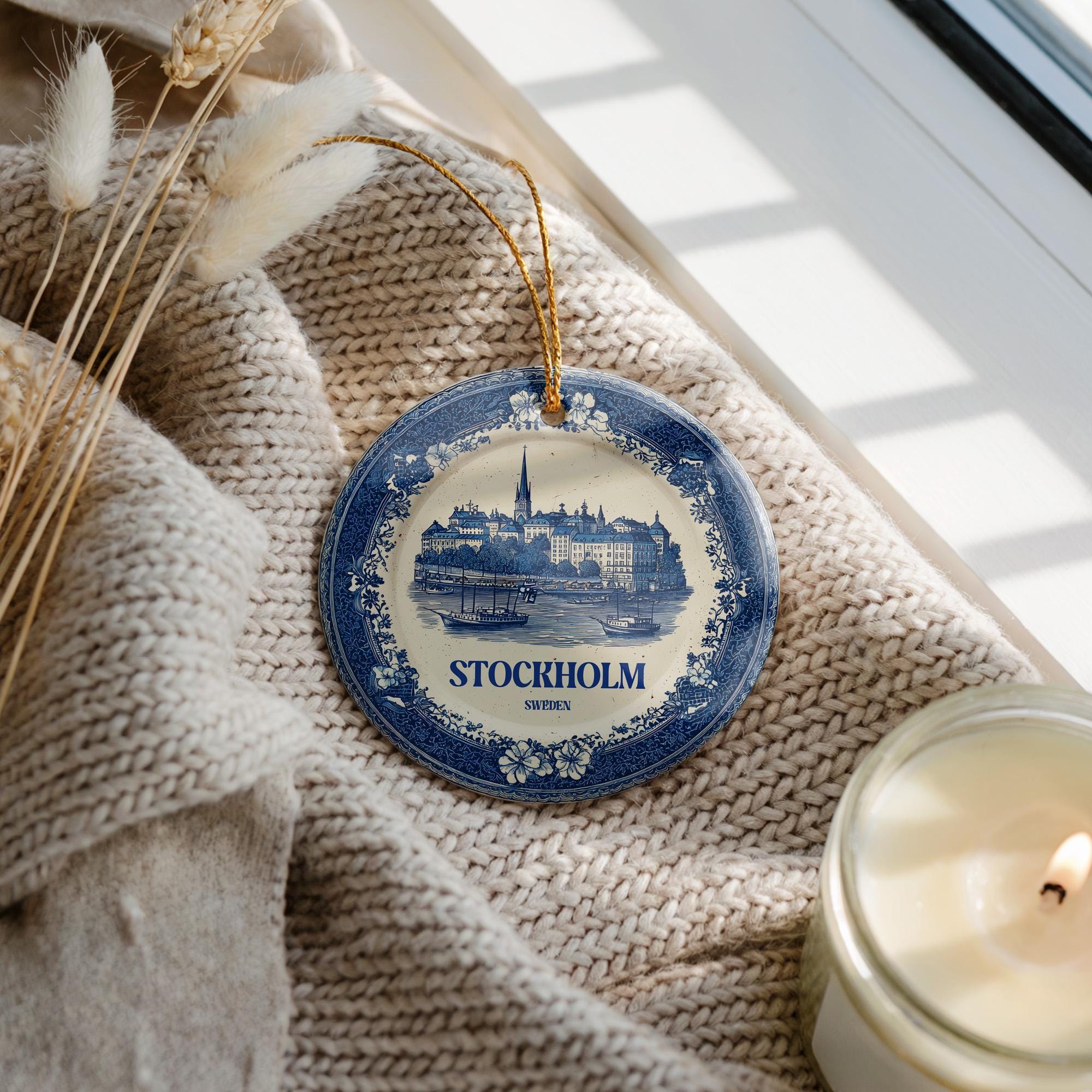 Custom Stockholm Sweden Ceramic Delft Ornament, Christmas Delftware Blue Delftware city travel