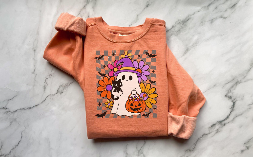 Retro Cute ghost Halloween Sweatshirt, Cute Cat Pumpkin Fall Top, Floral Spooky Crew, Trick or Treat Autumn Outfit, Funny Halloween Shirt