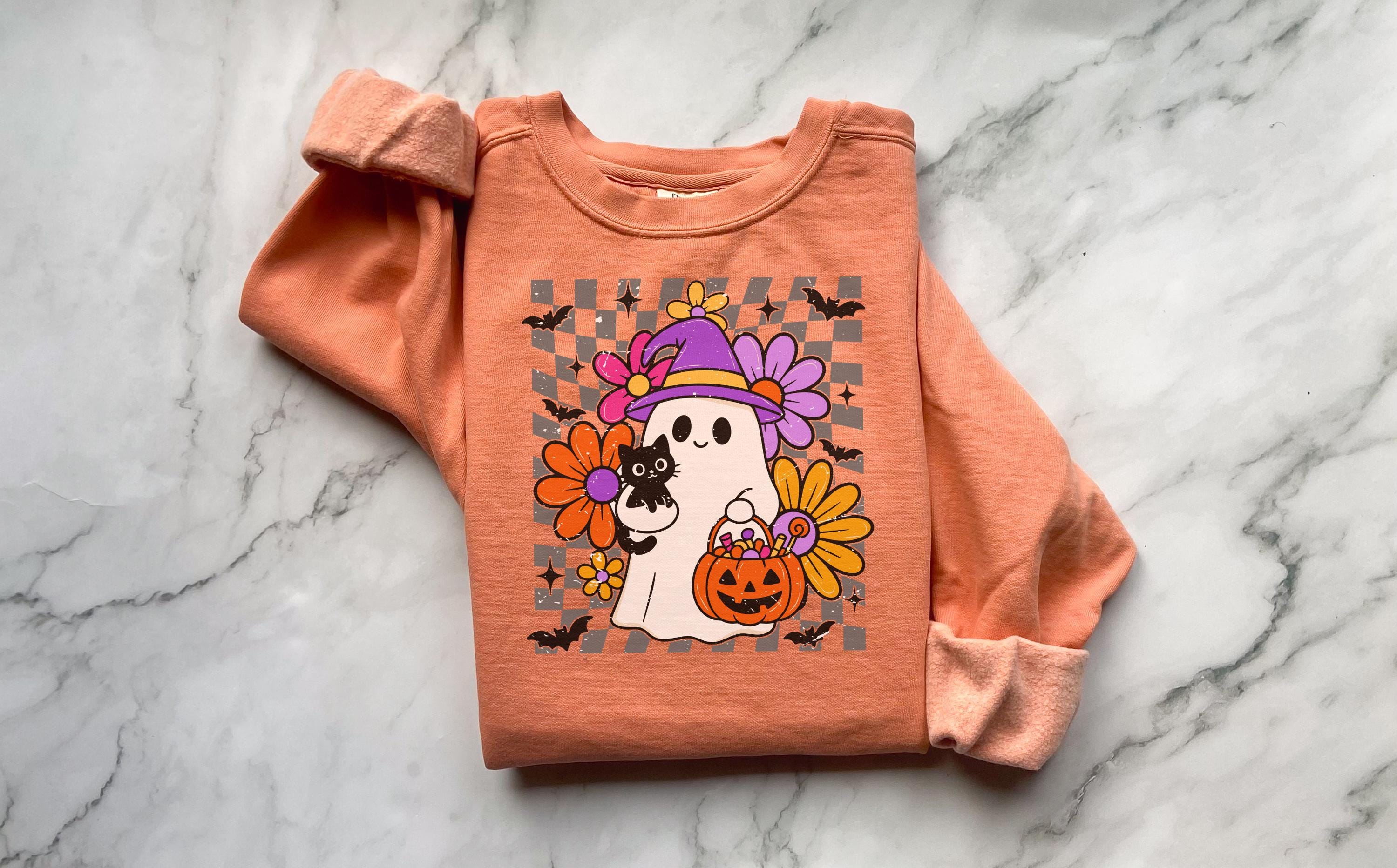 Retro Cute ghost Halloween Sweatshirt, Cute Cat Pumpkin Fall Top, Floral Spooky Crew, Trick or Treat Autumn Outfit, Funny Halloween Shirt