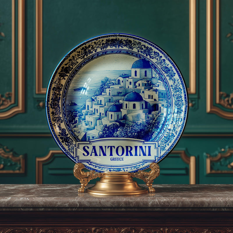 Santorini Decorative Plate, Delft Vintage Home Decor Personalized Gift Greece Travel Housewarming