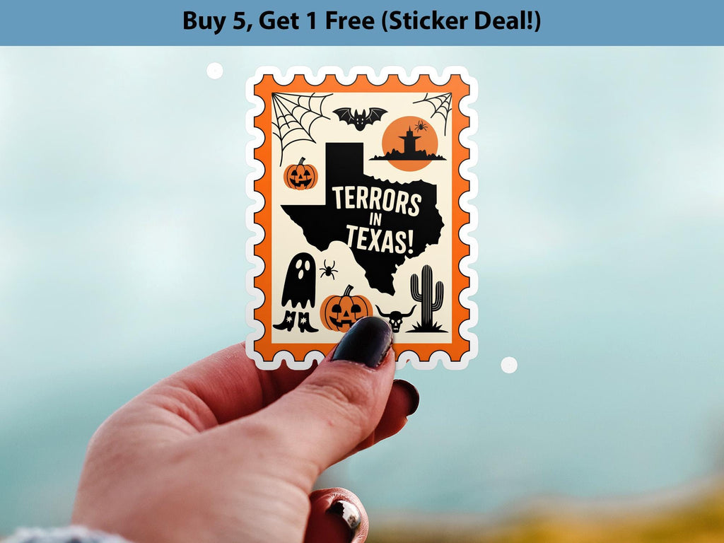 Texas Stamp Halloween Sticker, Spooky USA Kiss-Cut Vinyl, Waterproof Decal, United States Travel