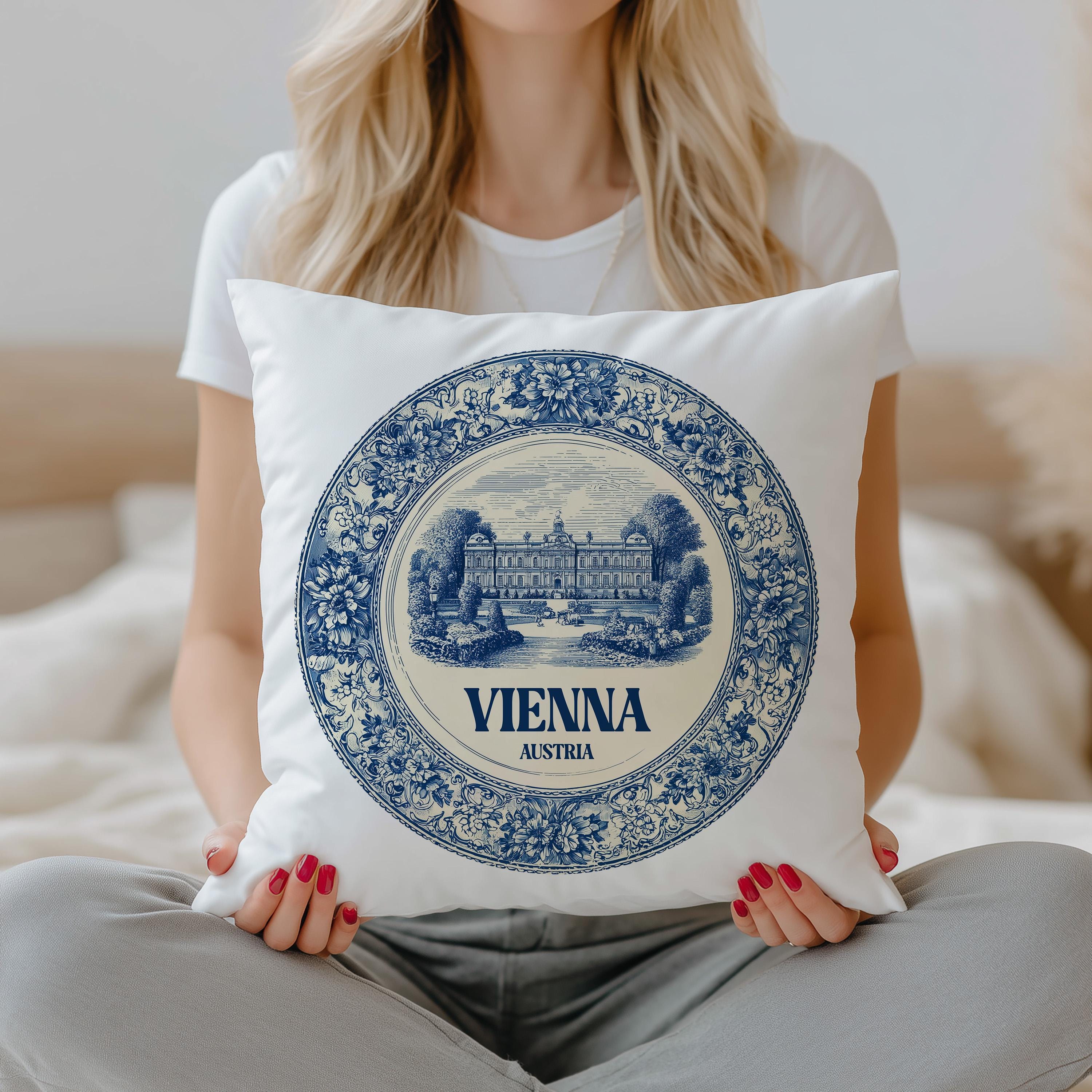 Vienna Austria Pillowcase, Delft Style Decorative Throw Pillow, Vintage Cityscape Retro Home Decor