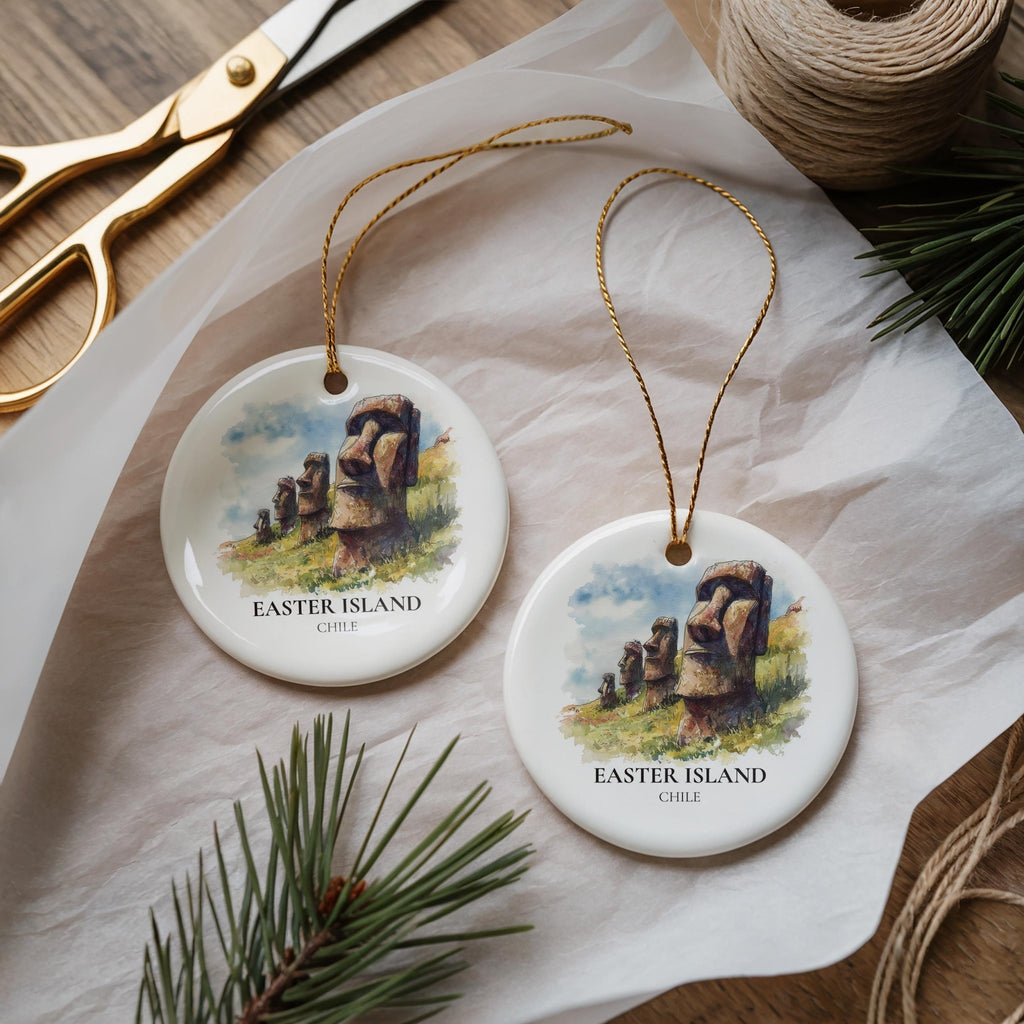 Easter Island Chile Personalized Watercolor Ornament, Custom Ceramic Christmas gift, Travel Keepsake - CuteBeePix