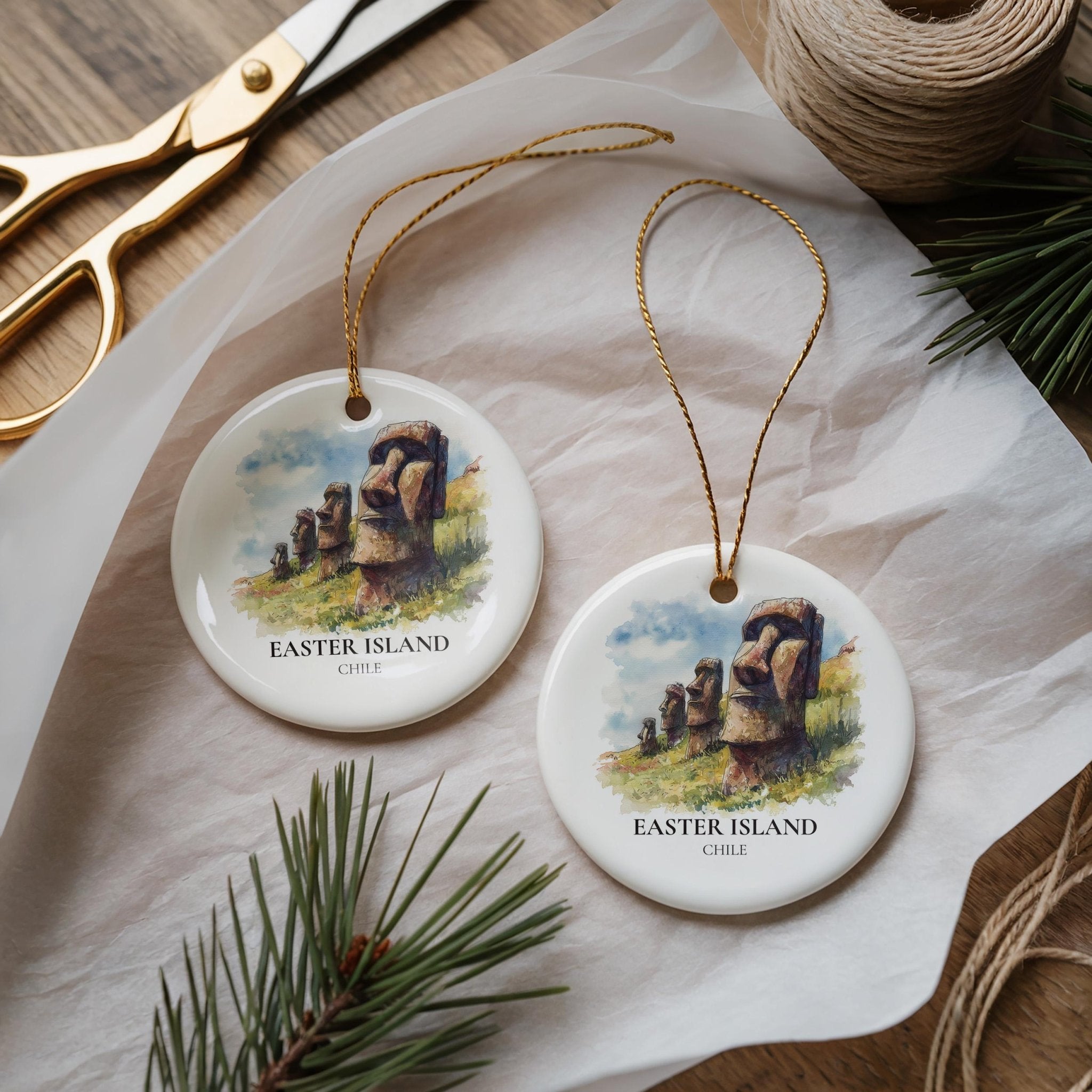 Easter Island Chile Personalized Watercolor Ornament, Custom Ceramic Christmas gift, Travel Keepsake - CuteBeePix