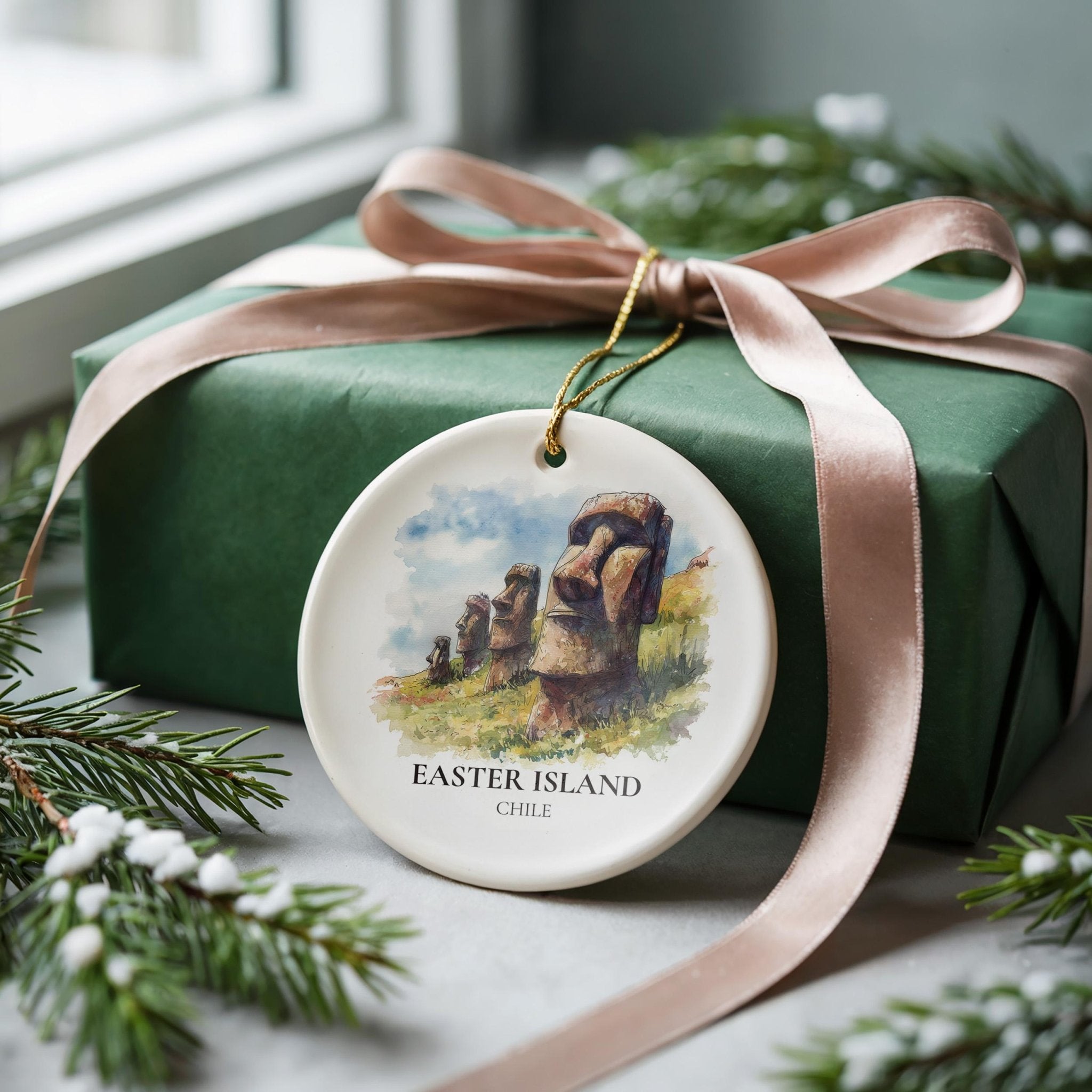 Easter Island Chile Personalized Watercolor Ornament, Custom Ceramic Christmas gift, Travel Keepsake - CuteBeePix