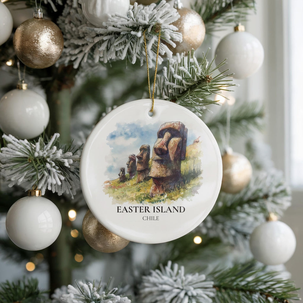 Easter Island Chile Personalized Watercolor Ornament, Custom Ceramic Christmas gift, Travel Keepsake - CuteBeePix