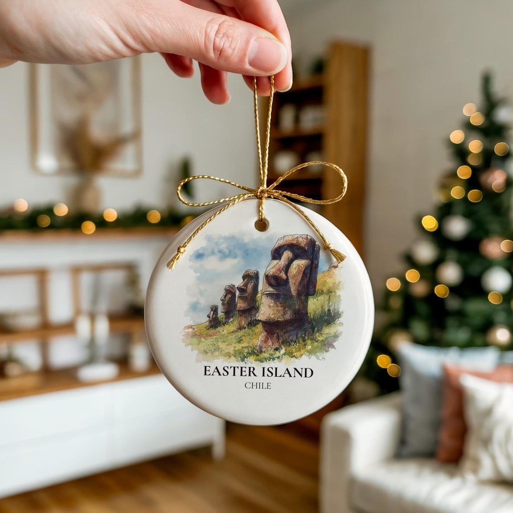 Easter Island Chile Personalized Watercolor Ornament, Custom Ceramic Christmas gift, Travel Keepsake - CuteBeePix