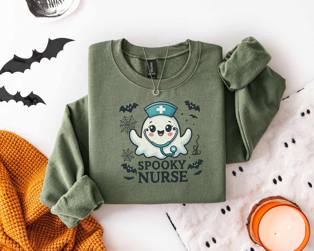 Spooky Ghost Nurse Sweatshirt: Halloween RN Top, Bats & Spiderwebs
