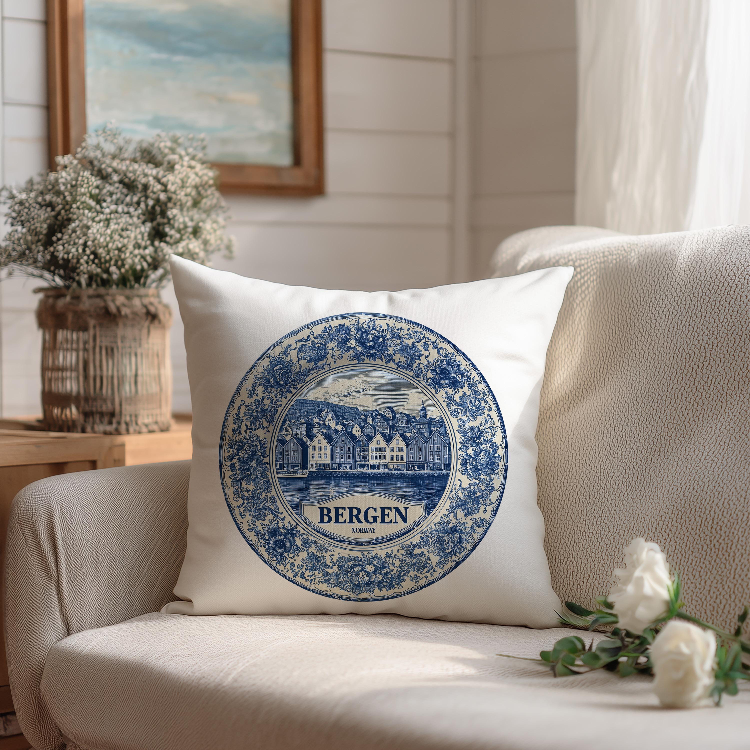 Bergen Norway Pillowcase, Delft Style Decorative Throw Pillow, Vintage Cityscape Retro Home Decor