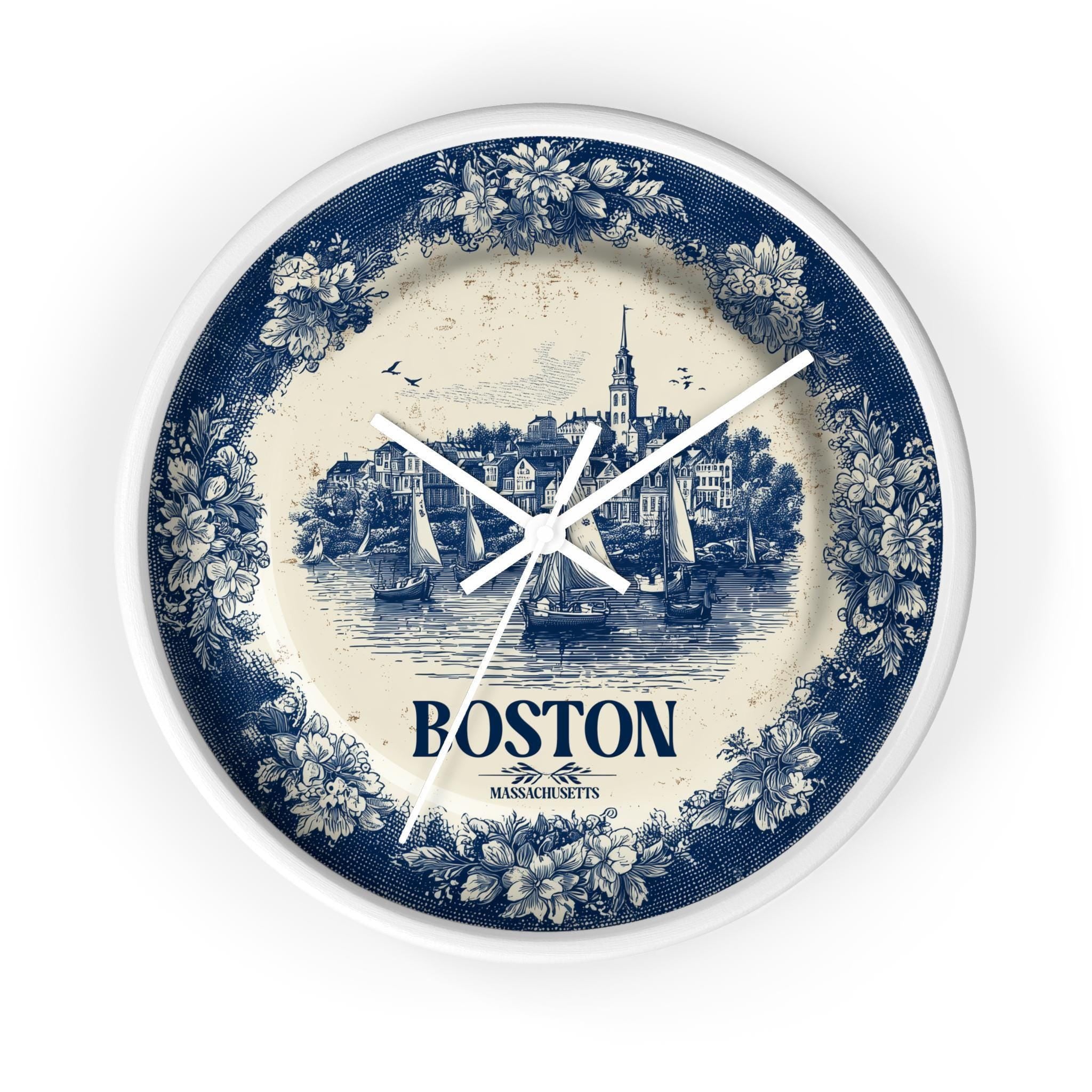 Boston Massachusetts2 Wall Clock, Delf style Home Decor, Vintage City Travel Keepsake Art