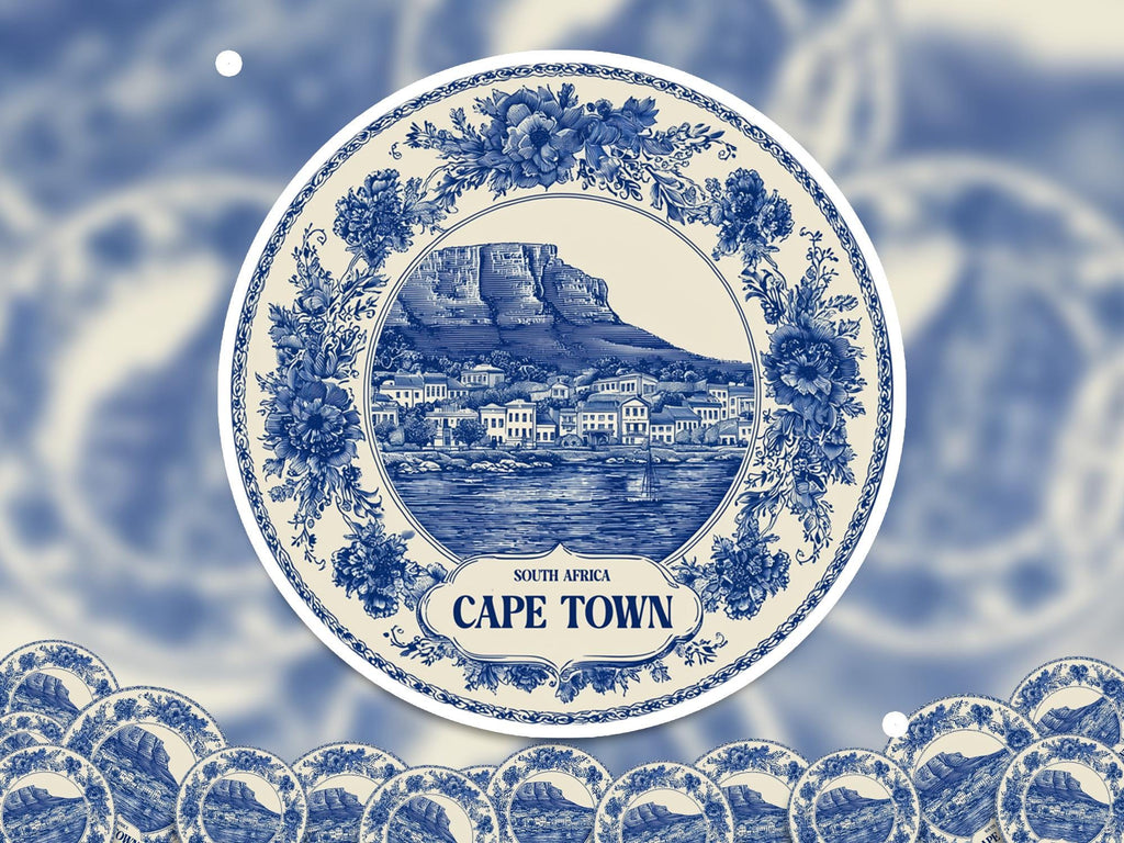 Cape Town South Africa Sticker Vintage Delft style, Delftware Decal Waterproof Vinyl, Blue City Travel