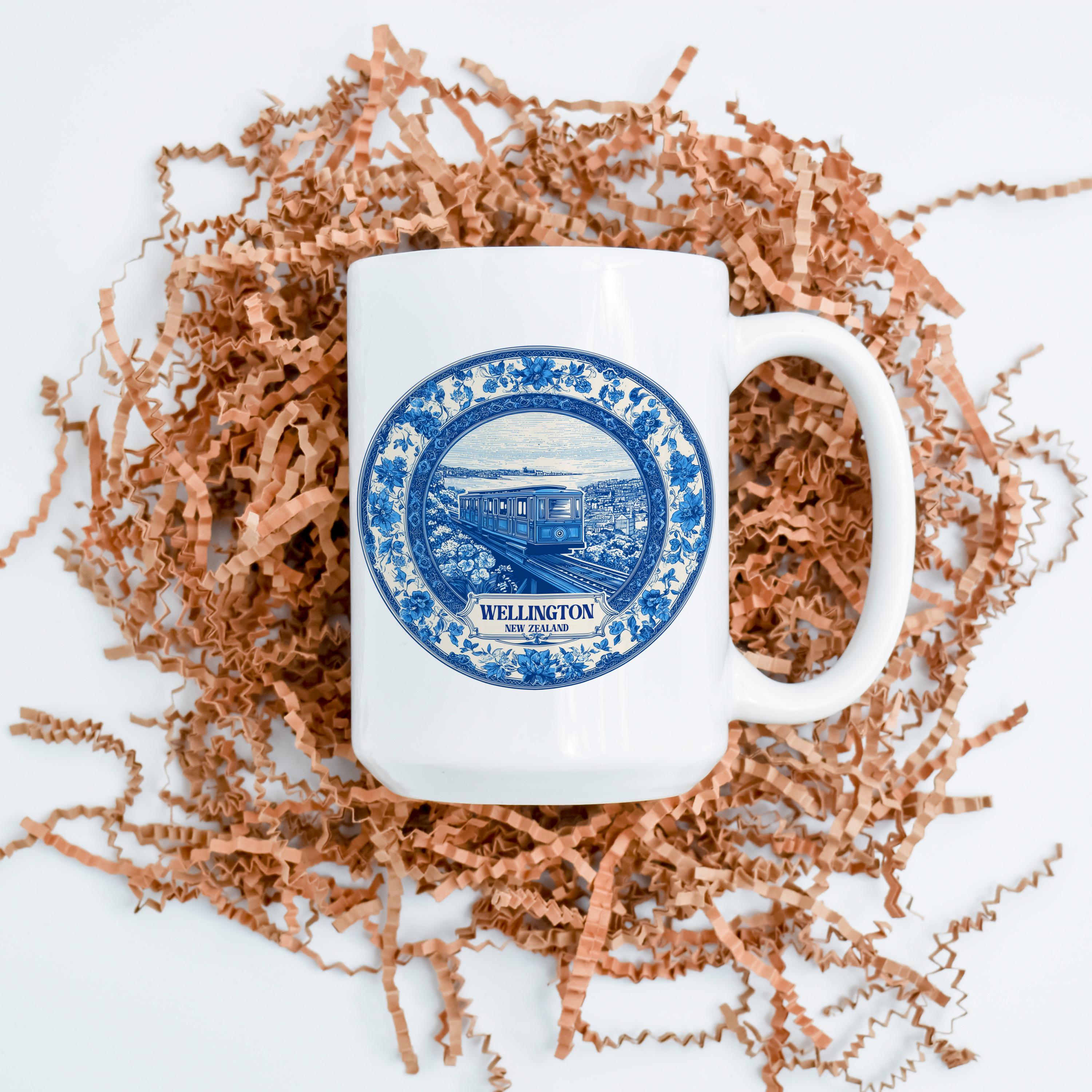 Wellington New Zealand Mug, Custom Delft Style cup, Personalized Vintage Travel City Gift