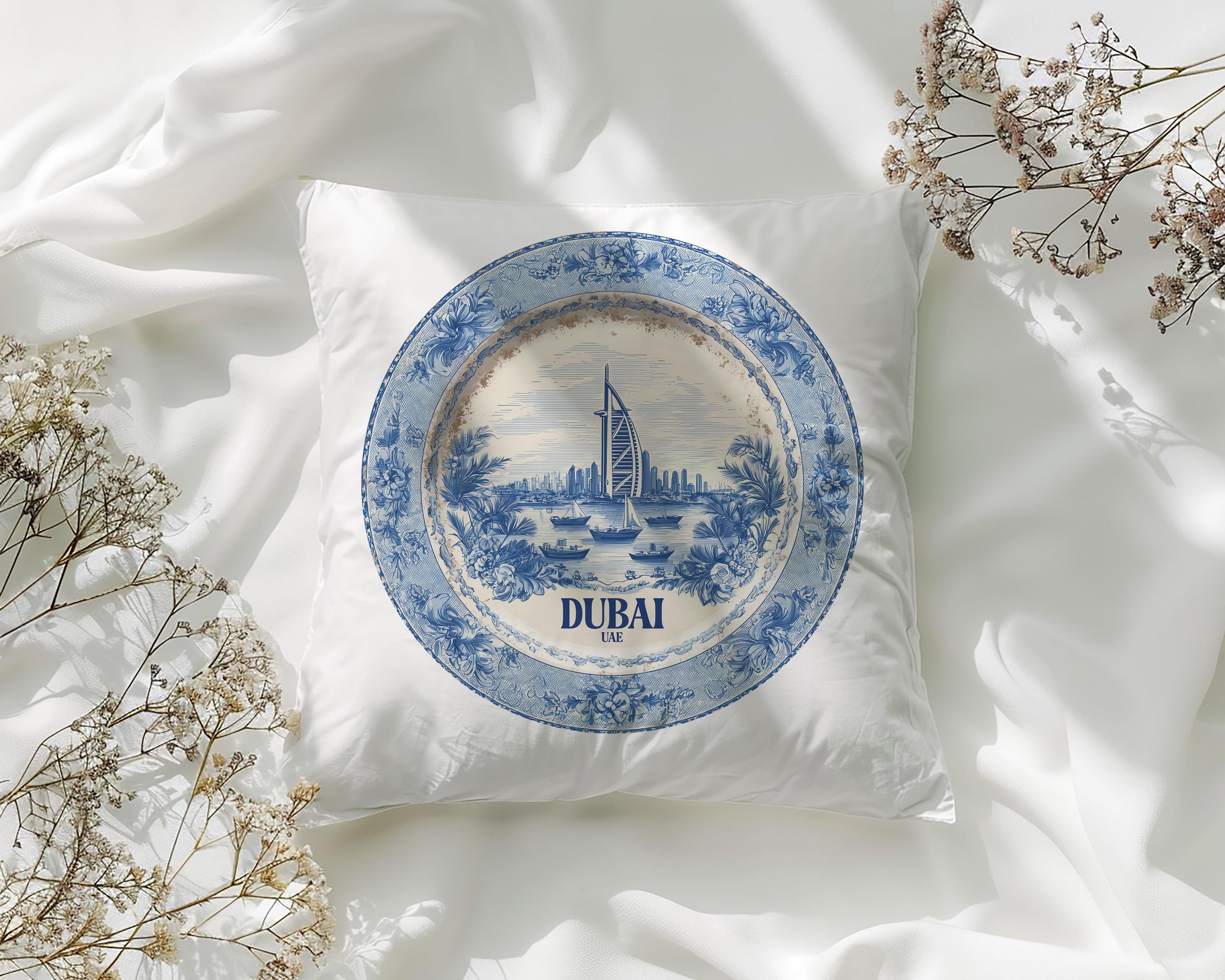 Dubai UAE Pillowcase, Delft Style Decorative Throw Pillow, Vintage Cityscape Retro Home Decor