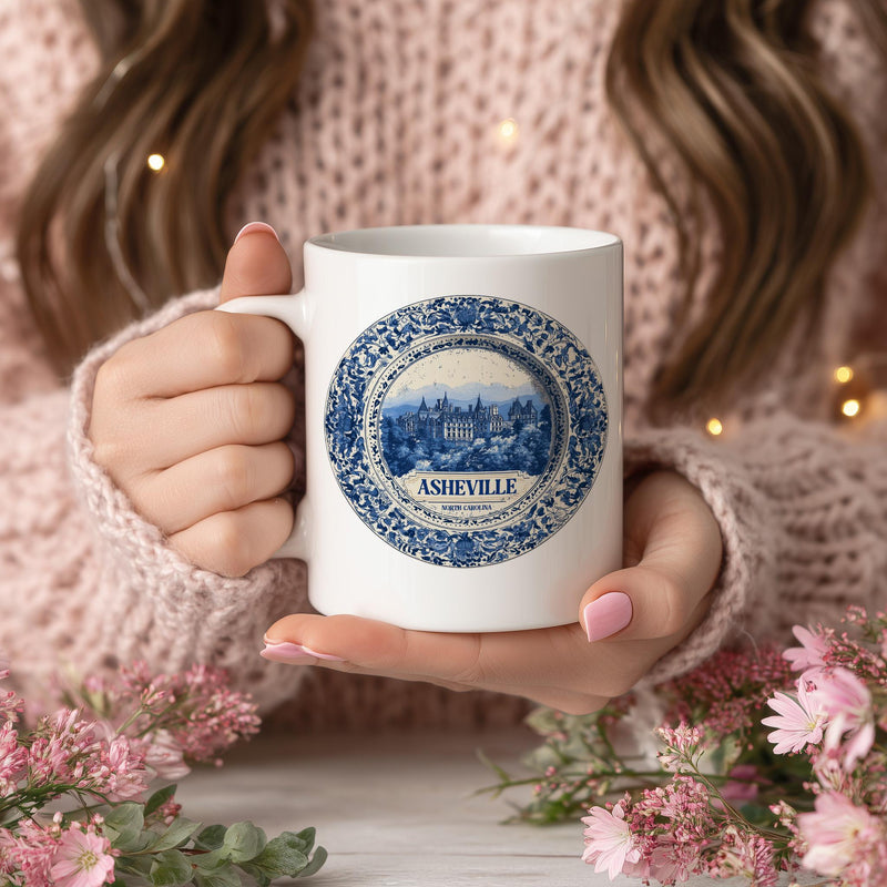 Asheville North Carolina Mug, Custom Delft Style cup, Personalized Vintage Travel City Gift