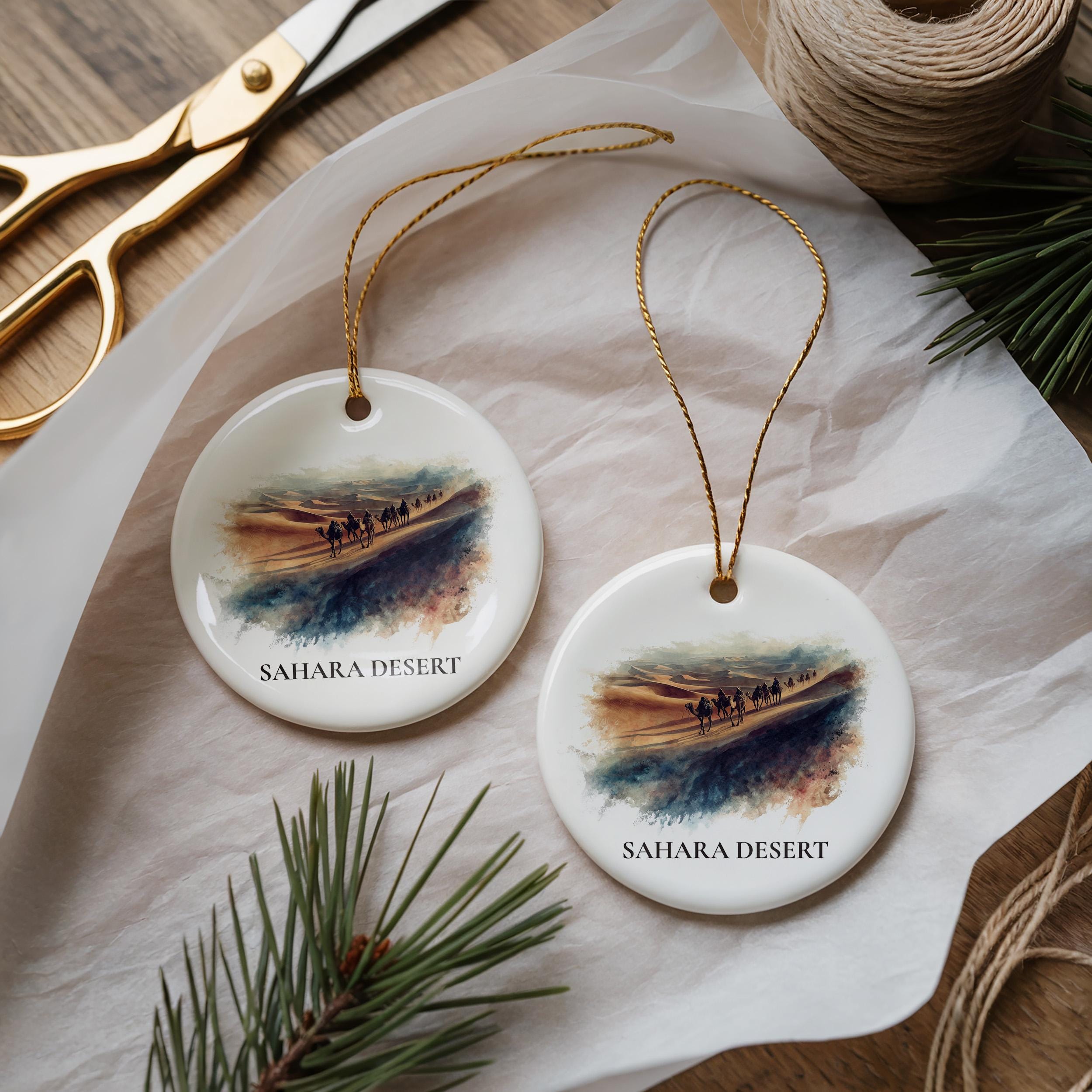 Sahara Desert Personalized Watercolor Ornament, Custom Ceramic Christmas gift, Travel Keepsake