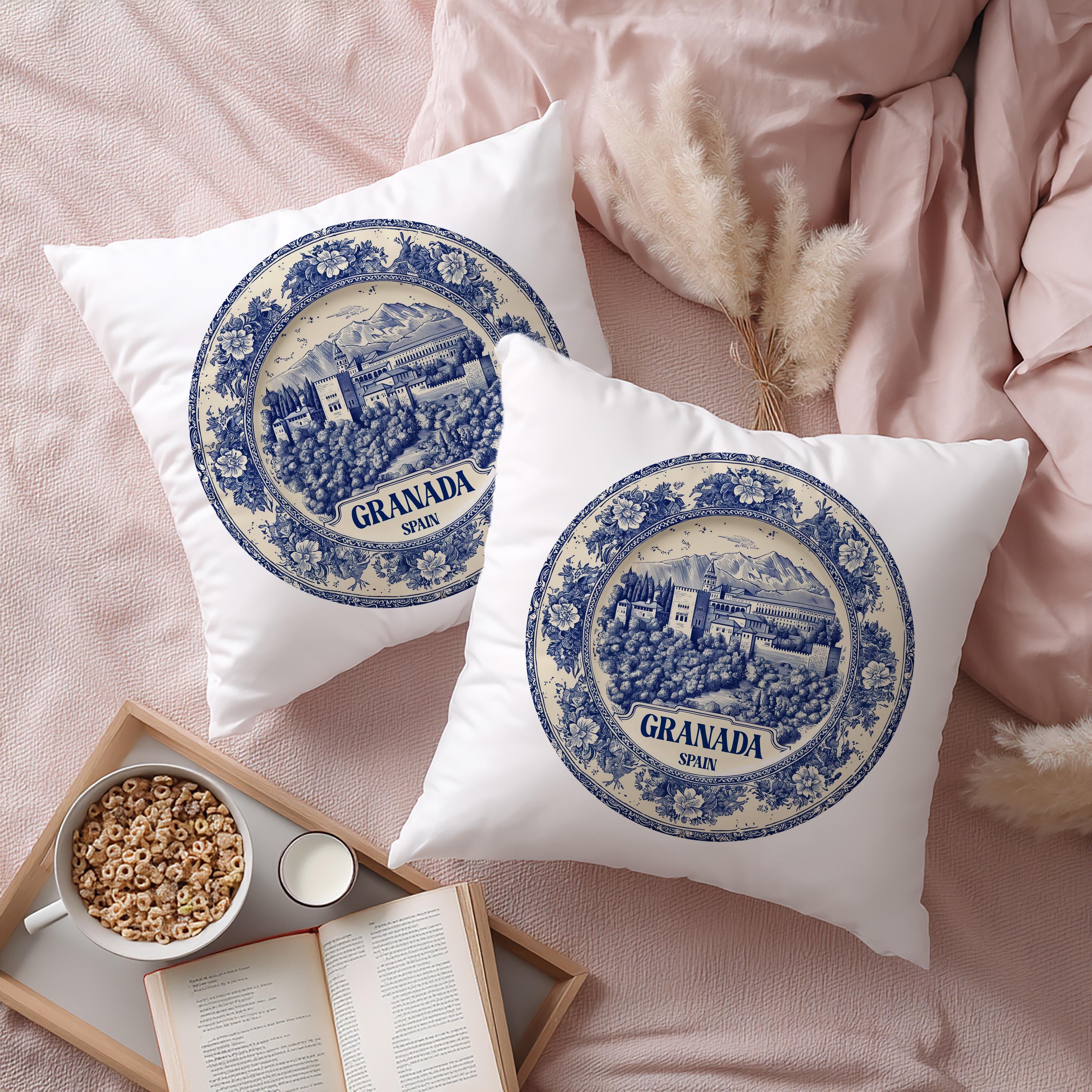 Granada Spain Pillowcase, Delft Style Decorative Throw Pillow, Vintage Cityscape Retro Home Decor