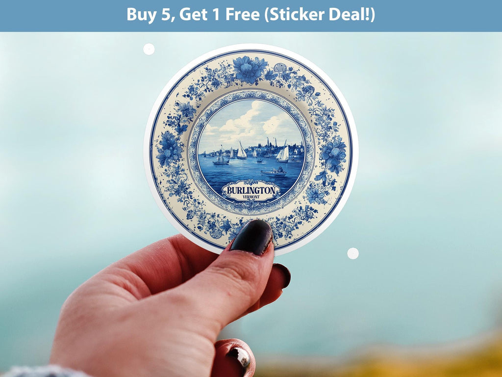Burlington Vermont Sticker Vintage Delft style, Delftware Decal Waterproof Vinyl, Blue City Travel USA