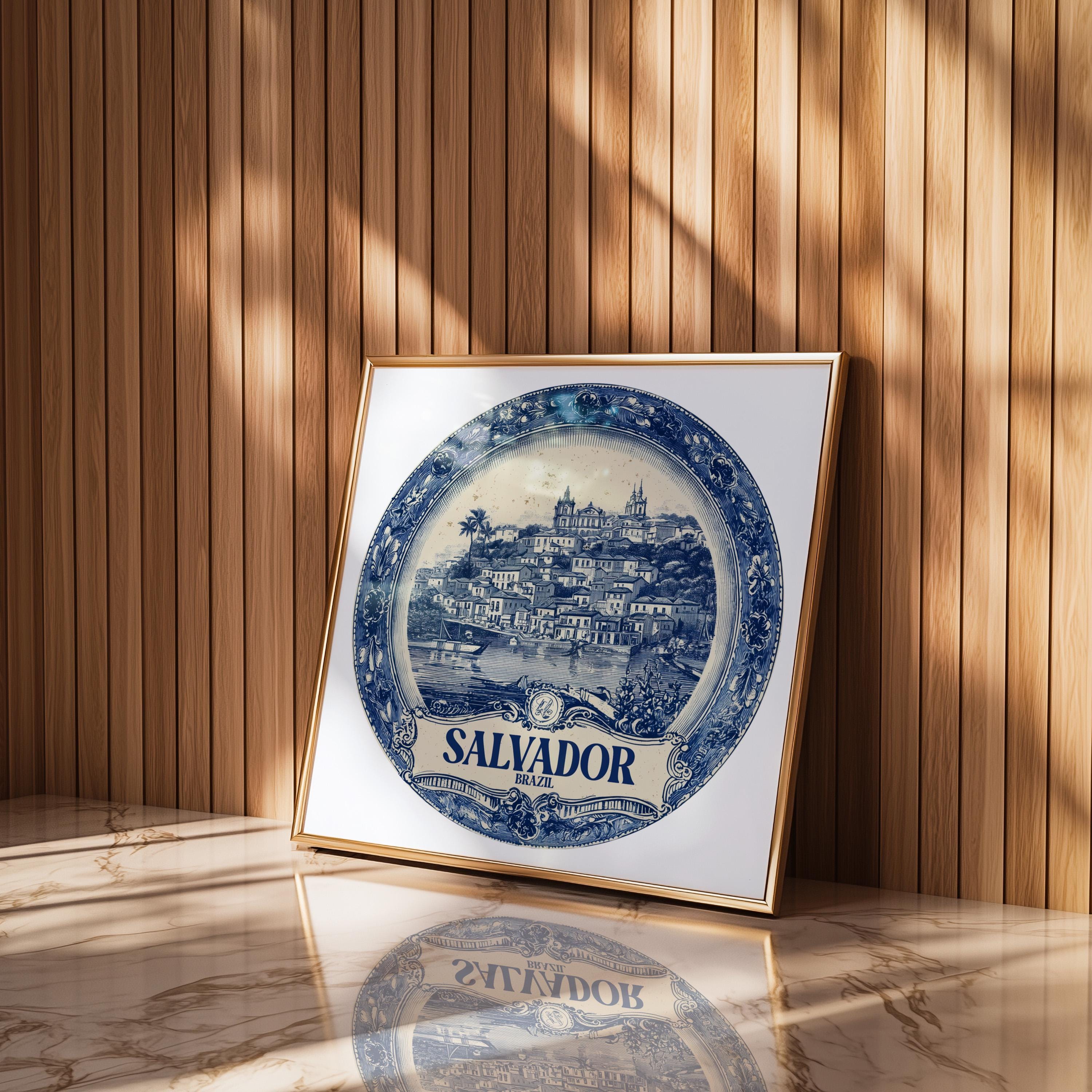 Salvador Brazil Wall Art, Vintage Delft Blue Poster, City Print, Travel Home Decor