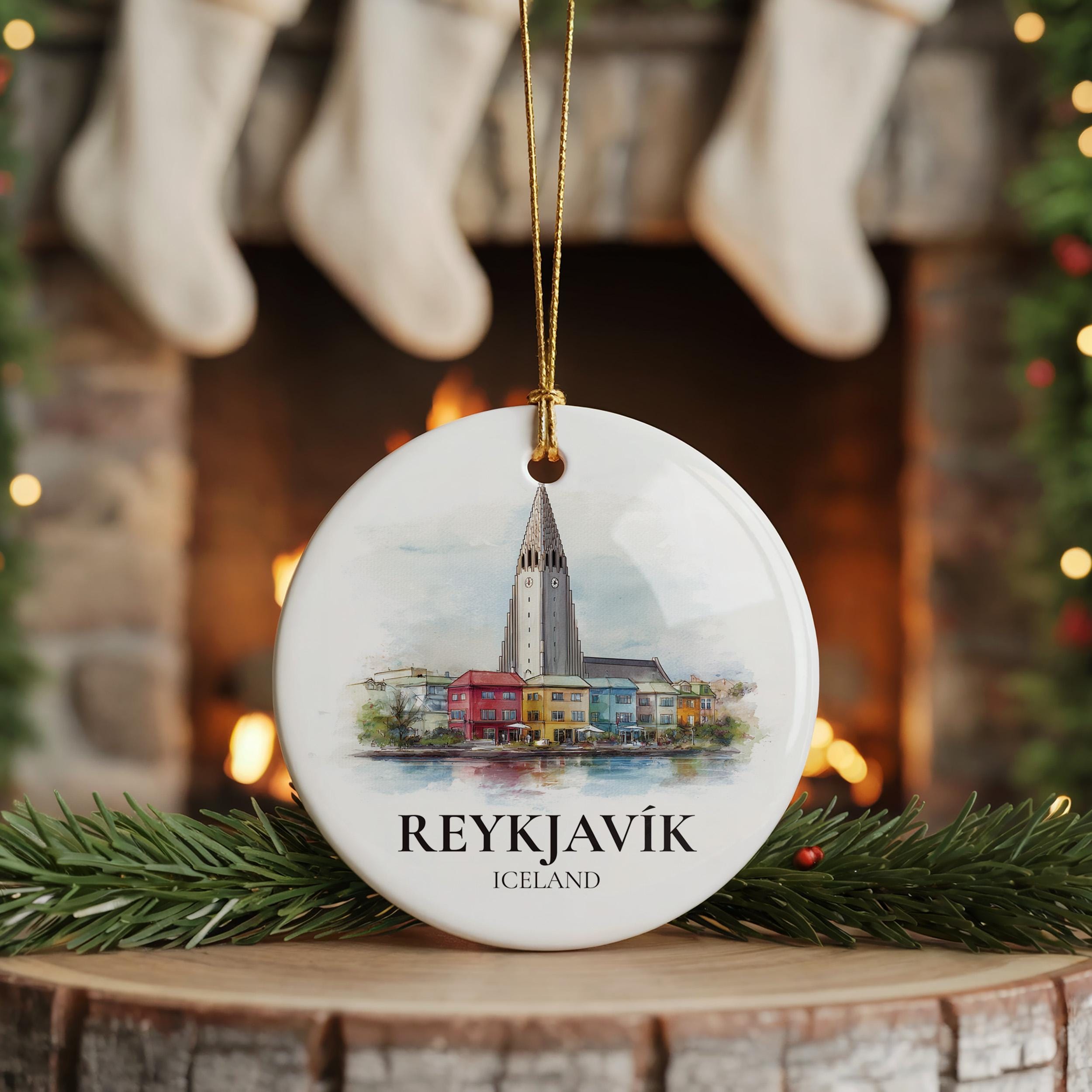 Reykjavik Iceland Personalized Watercolor Ornament, Custom Ceramic Christmas gift, Travel Keepsake