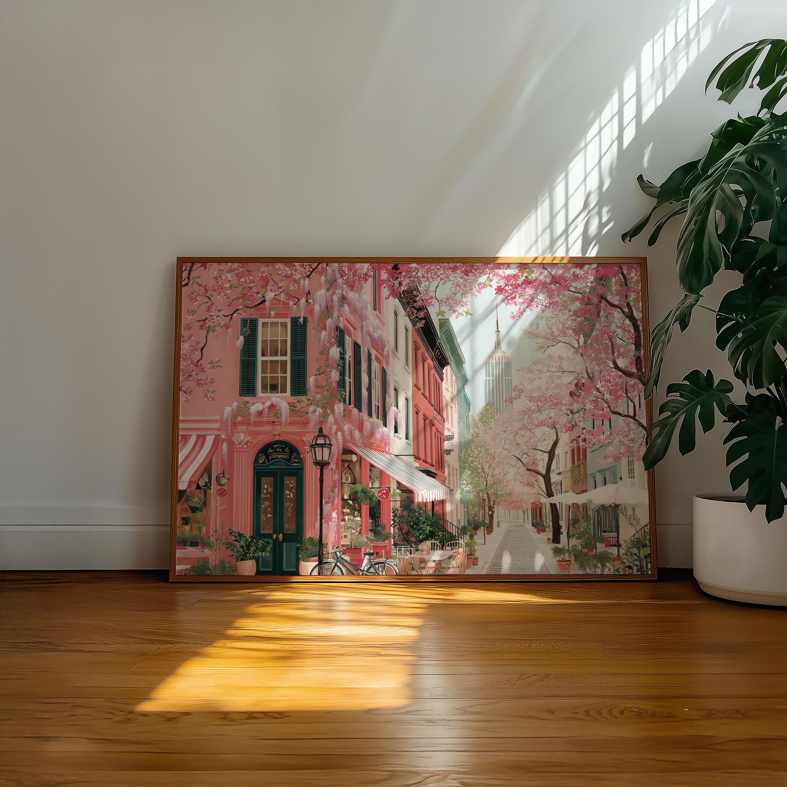 New York Spring Wall Art, Cherry Blossom Floral Empire State Travel Gift Decor Print