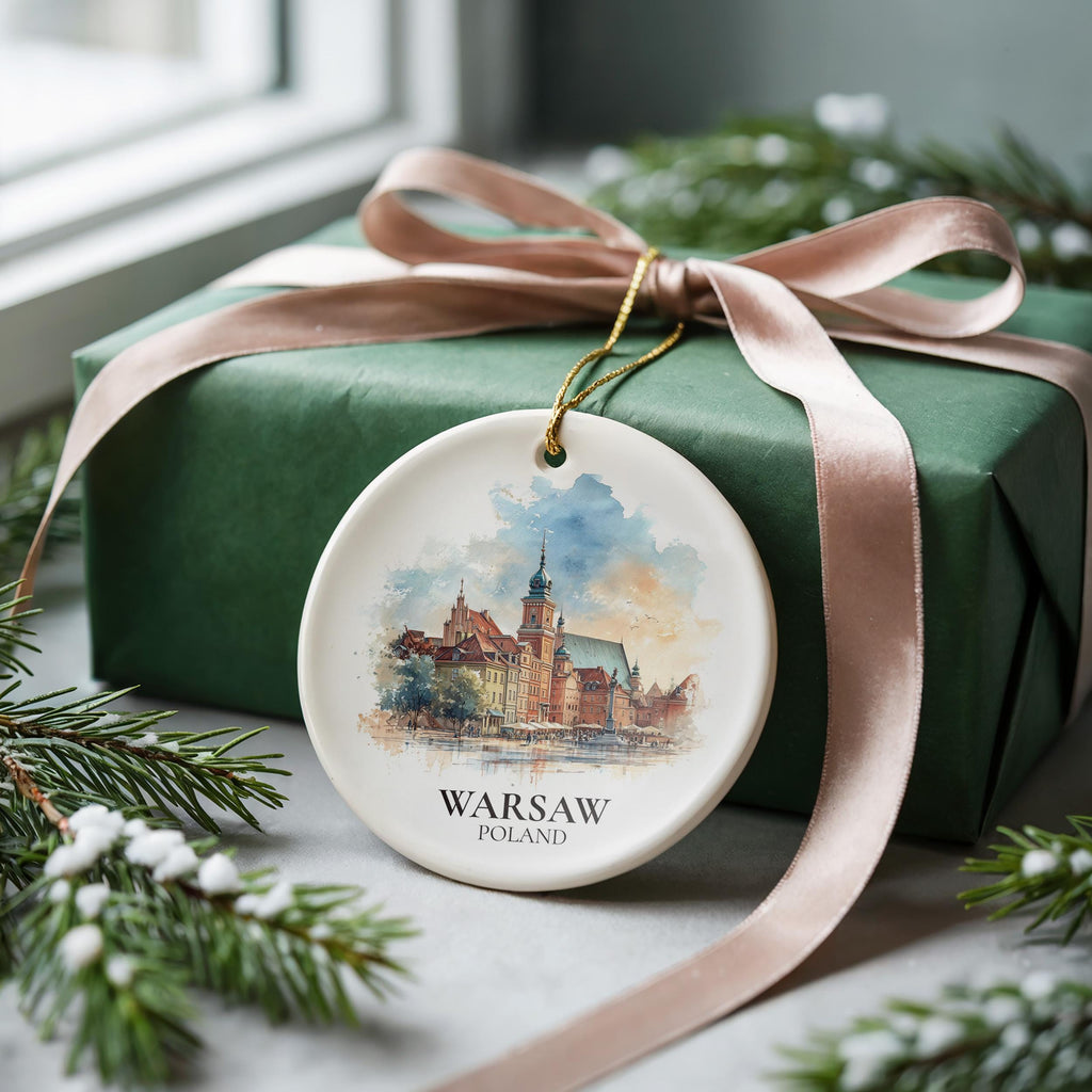 Warsaw Poland Personalized Watercolor Ornament, Custom Ceramic Christmas gift, Travel Keepsake