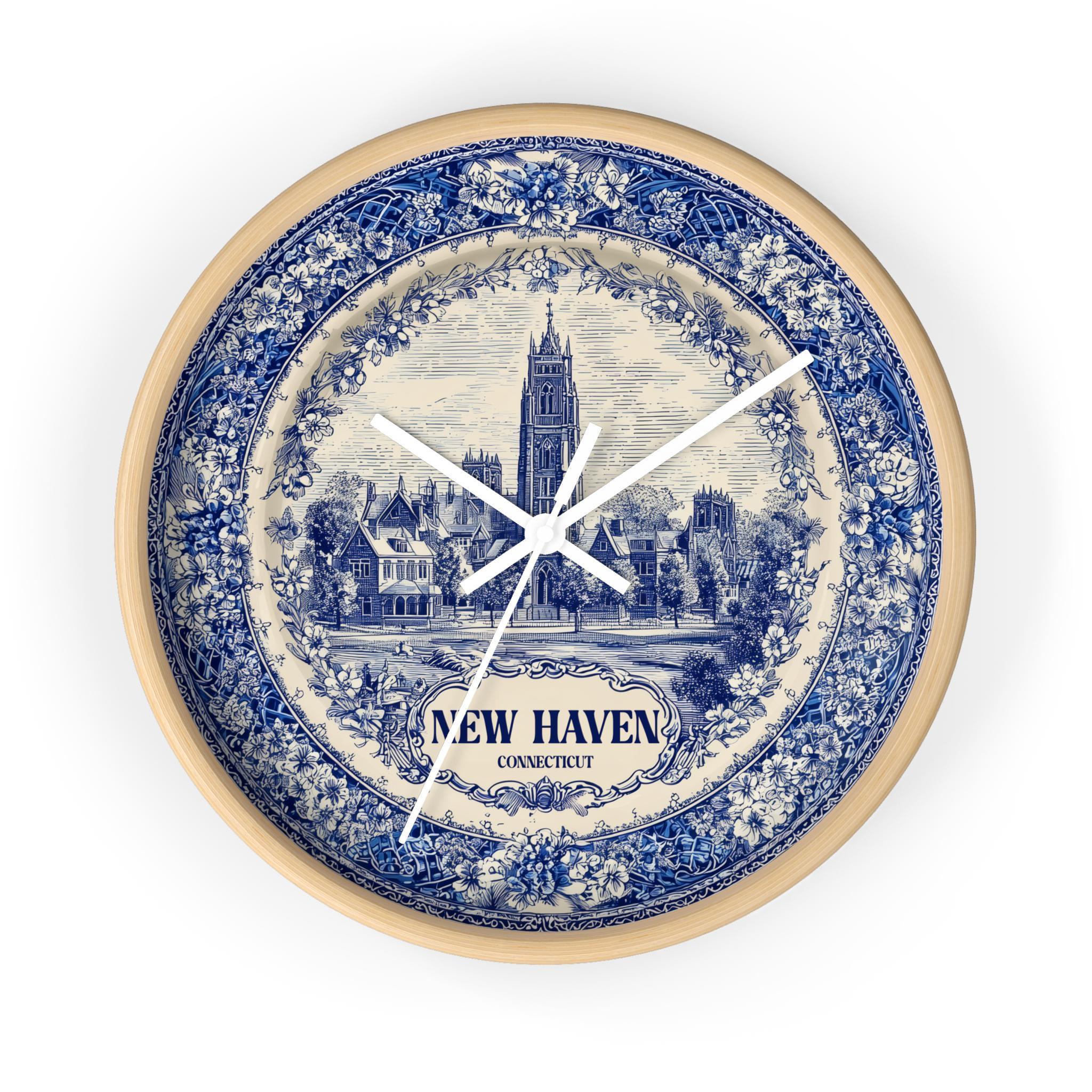 New Haven Connecticut Wall Clock, Delf style Home Decor, Vintage City Travel Keepsake Art