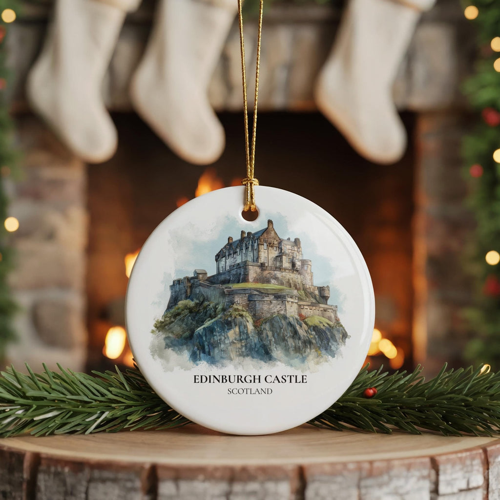 Edinburgh Castle Scotland Personalized Watercolor Ornament, Custom Ceramic Christmas gift, Travel Keepsake - CuteBeePix