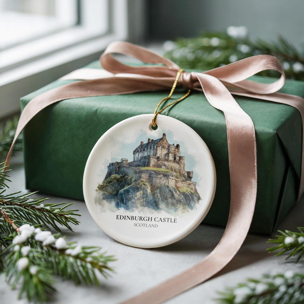 Edinburgh Castle Scotland Personalized Watercolor Ornament, Custom Ceramic Christmas gift, Travel Keepsake - CuteBeePix