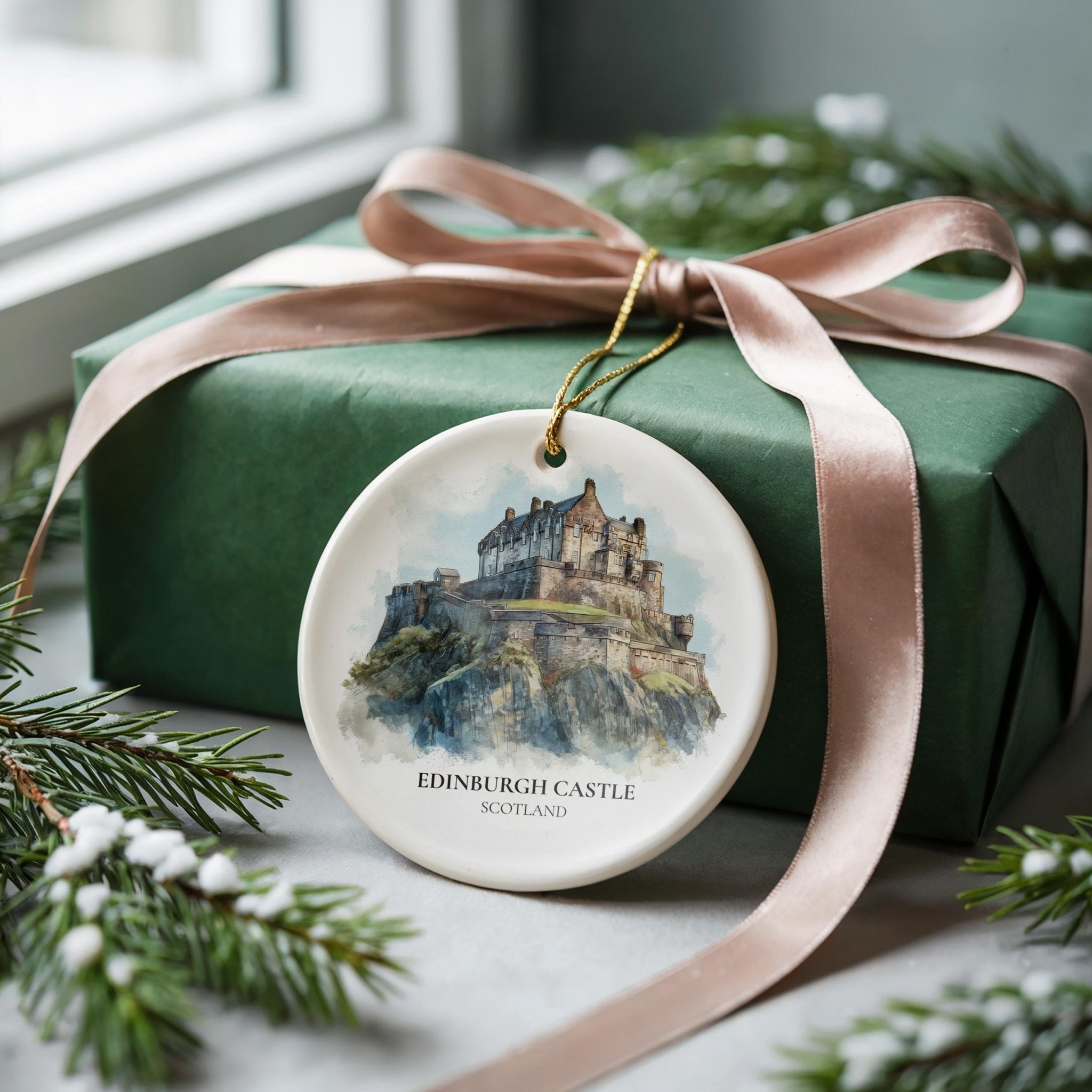 Edinburgh Castle Scotland Personalized Watercolor Ornament, Custom Ceramic Christmas gift, Travel Keepsake - CuteBeePix