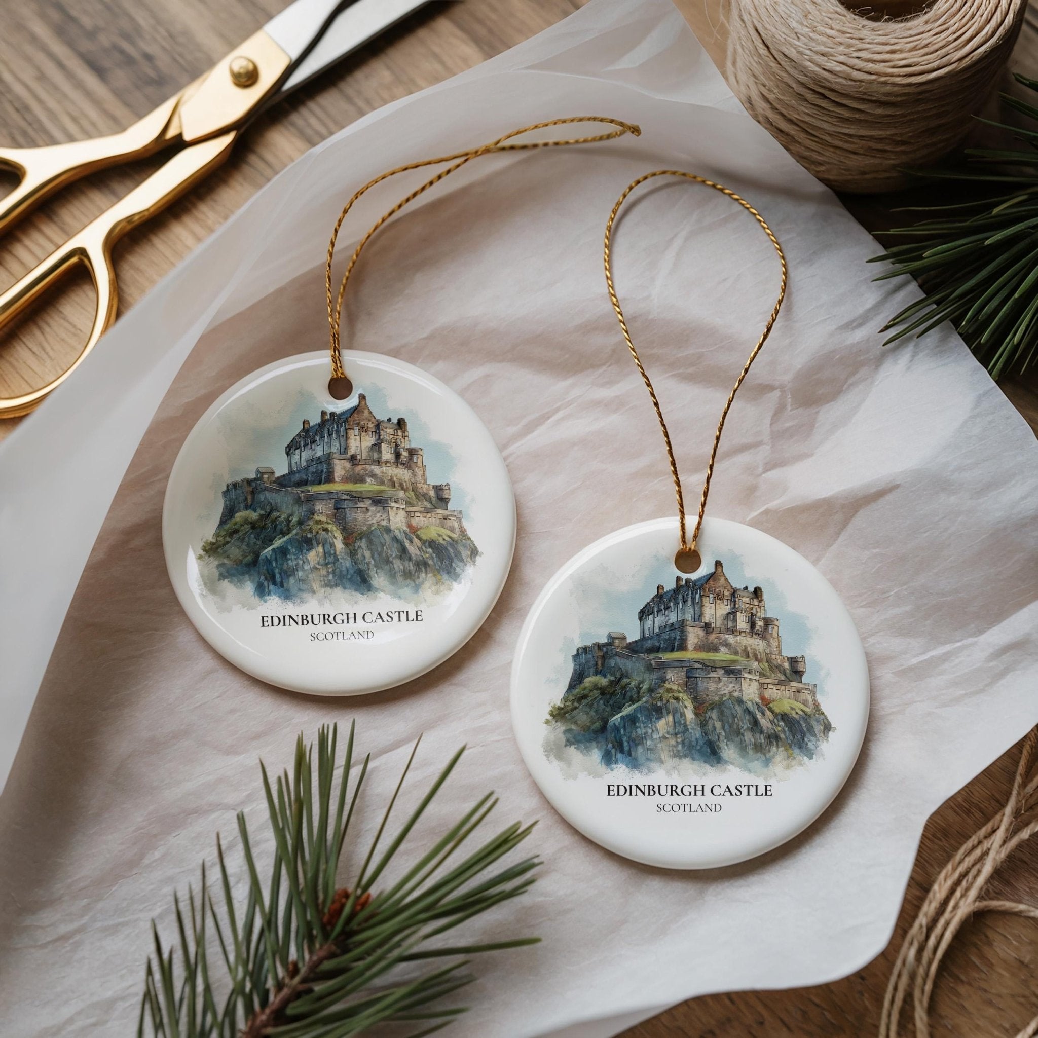 Edinburgh Castle Scotland Personalized Watercolor Ornament, Custom Ceramic Christmas gift, Travel Keepsake - CuteBeePix