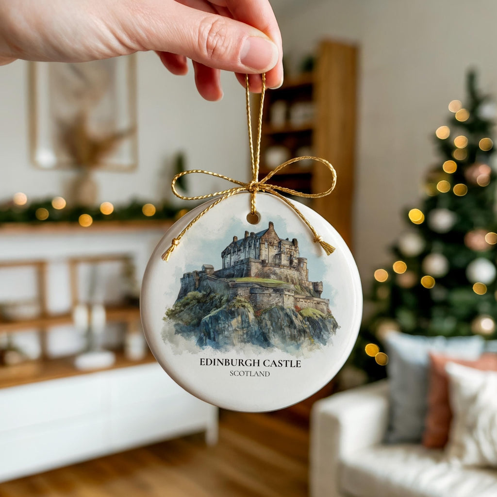 Edinburgh Castle Scotland Personalized Watercolor Ornament, Custom Ceramic Christmas gift, Travel Keepsake - CuteBeePix