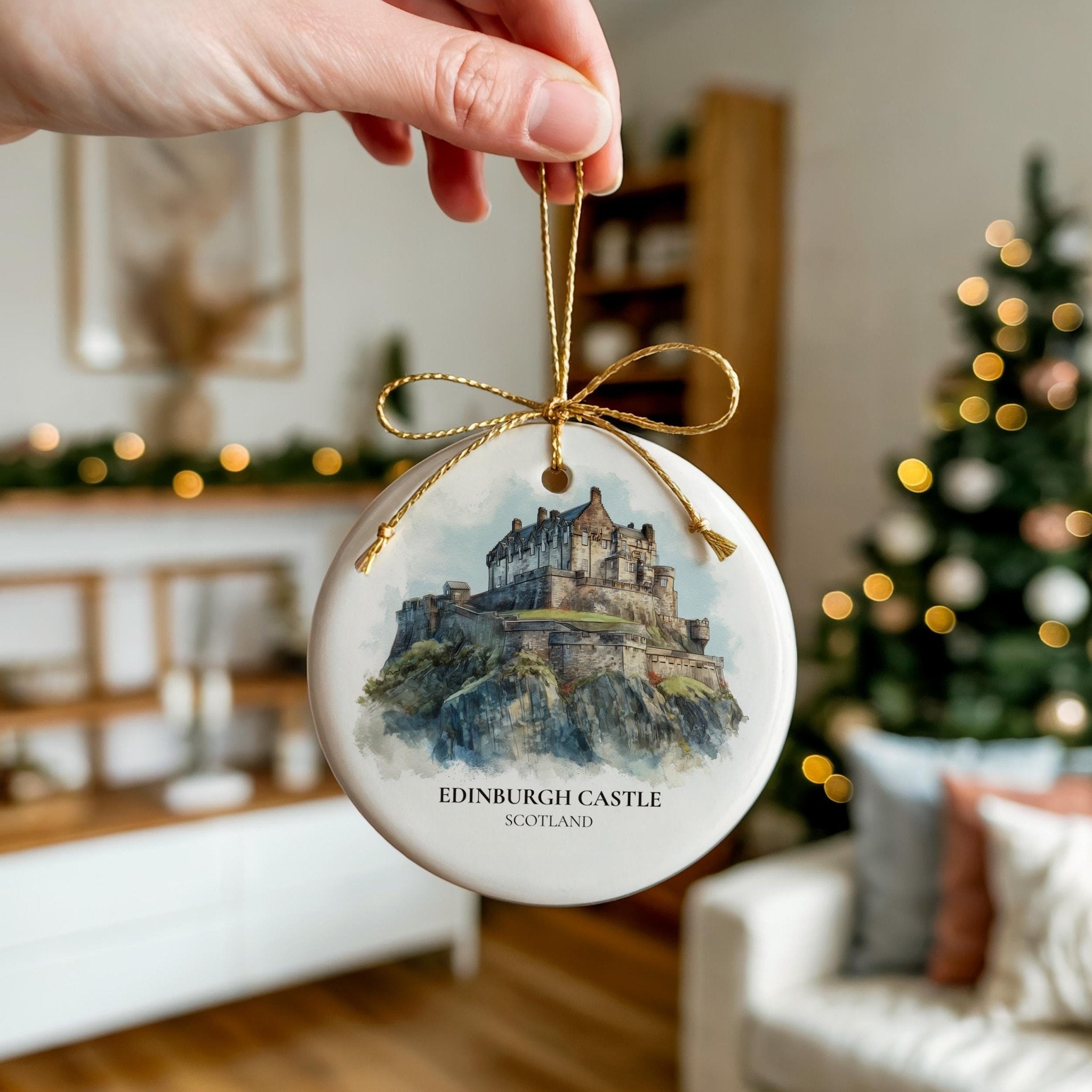 Edinburgh Castle Scotland Personalized Watercolor Ornament, Custom Ceramic Christmas gift, Travel Keepsake - CuteBeePix