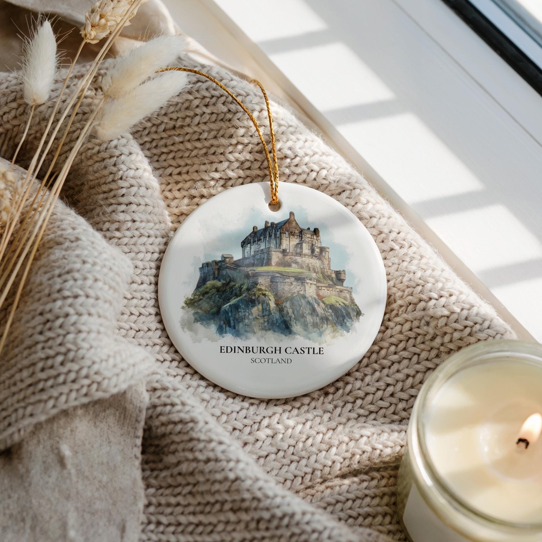 Edinburgh Castle Scotland Personalized Watercolor Ornament, Custom Ceramic Christmas gift, Travel Keepsake - CuteBeePix