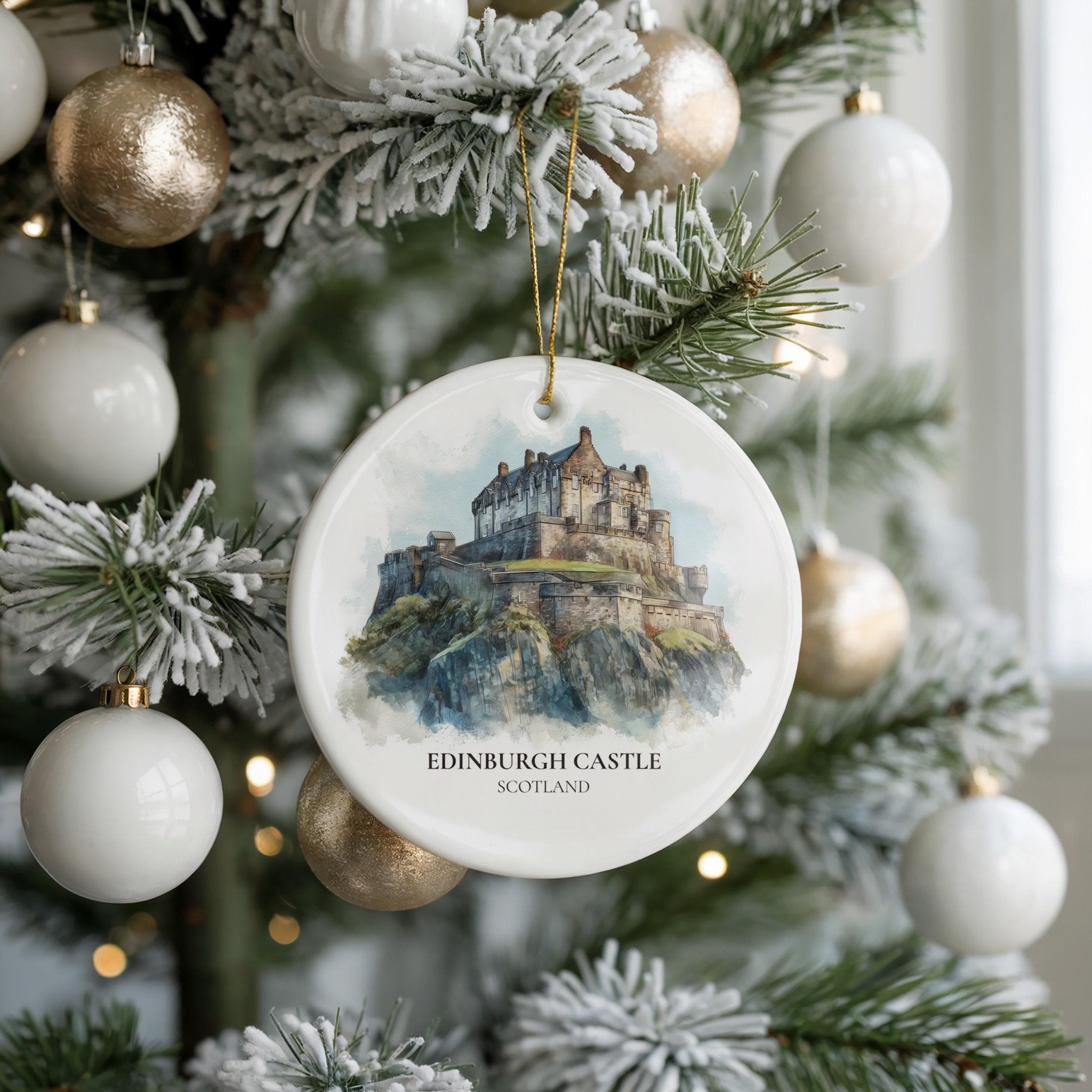 Edinburgh Castle Scotland Personalized Watercolor Ornament, Custom Ceramic Christmas gift, Travel Keepsake - CuteBeePix
