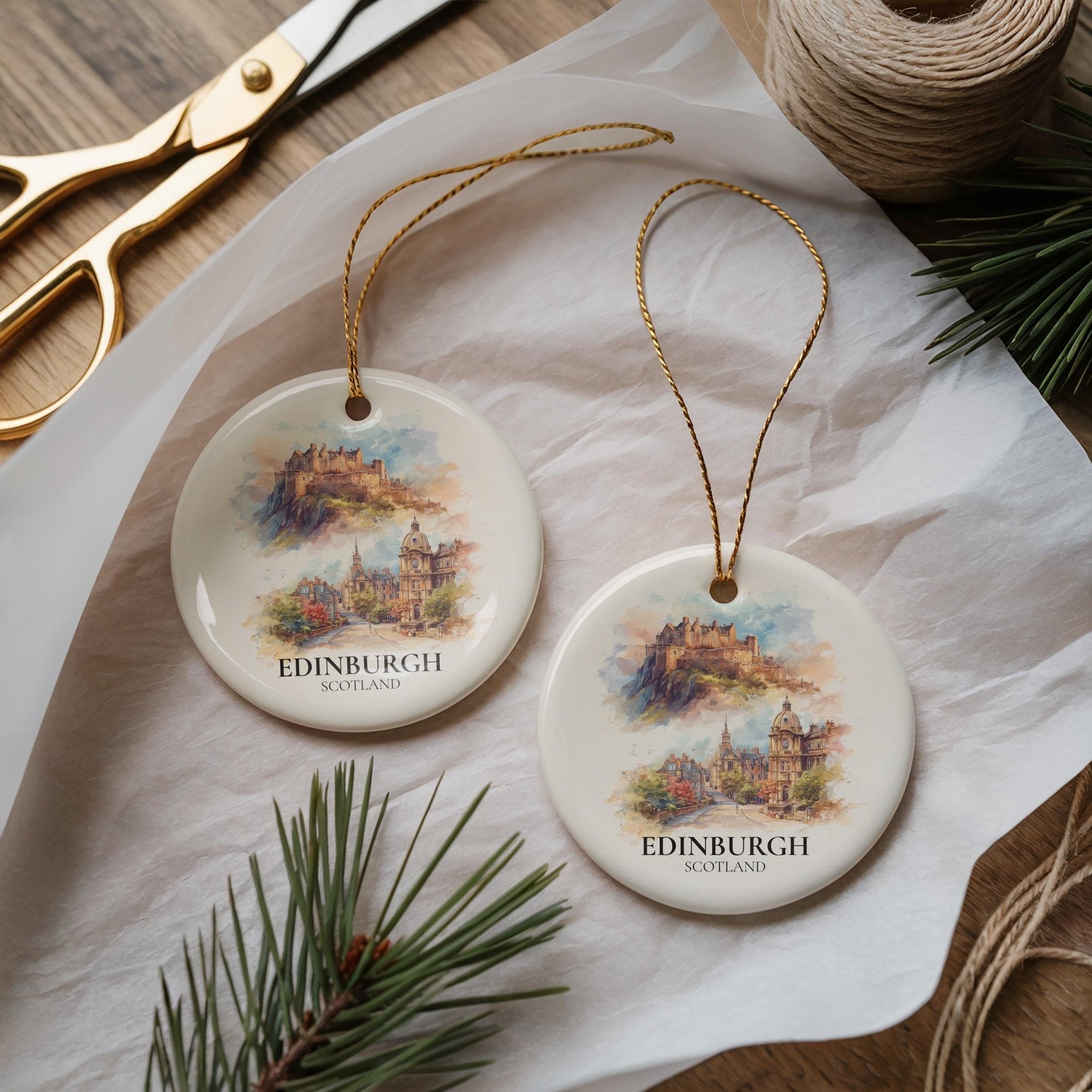 Edinburgh Scotland Custom Watercolor Ornament, Personalized Ceramic Christmas gift, Travel Keepsake - CuteBeePix