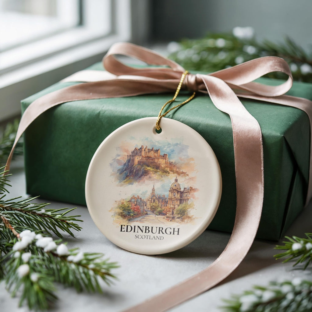 Edinburgh Scotland Custom Watercolor Ornament, Personalized Ceramic Christmas gift, Travel Keepsake - CuteBeePix
