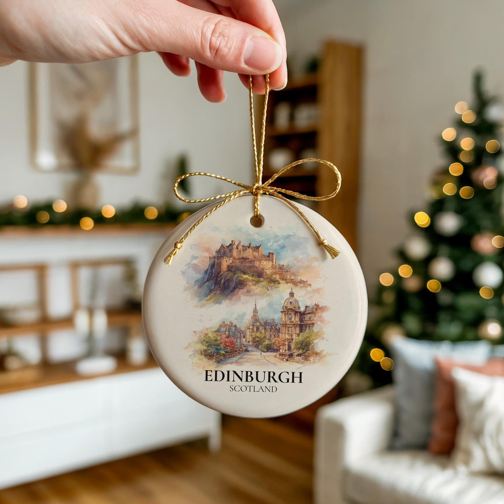 Edinburgh Scotland Custom Watercolor Ornament, Personalized Ceramic Christmas gift, Travel Keepsake - CuteBeePix