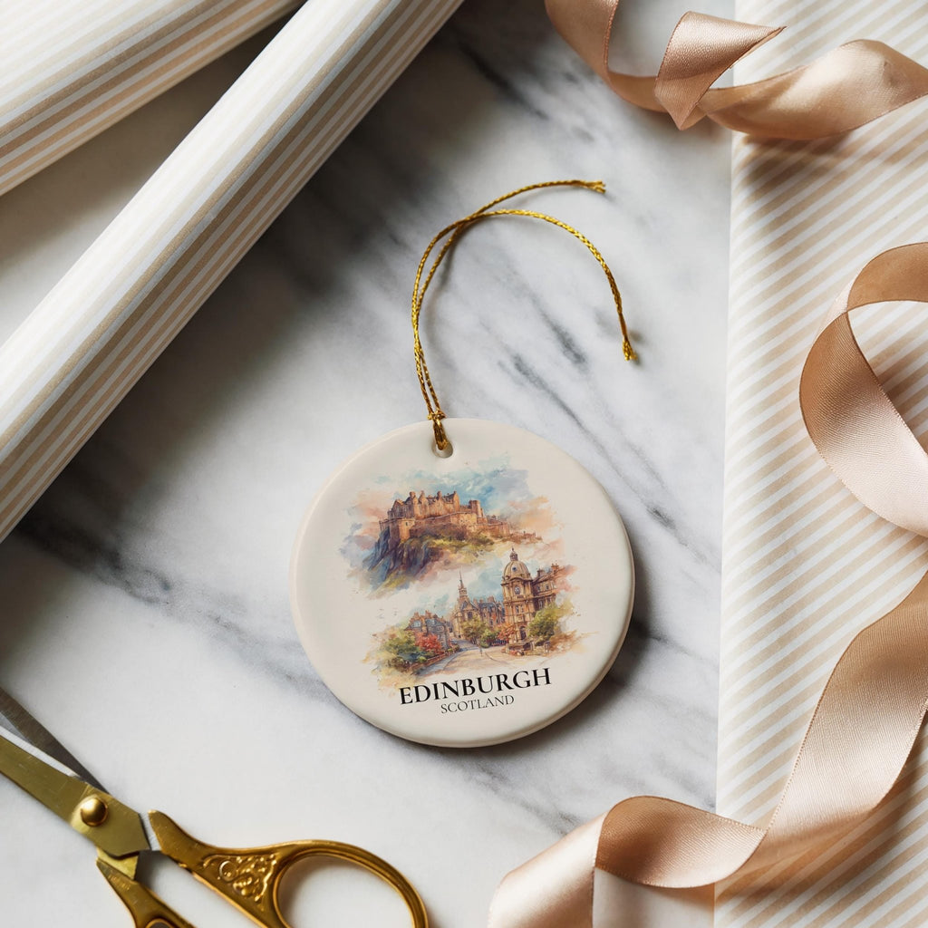 Edinburgh Scotland Custom Watercolor Ornament, Personalized Ceramic Christmas gift, Travel Keepsake - CuteBeePix